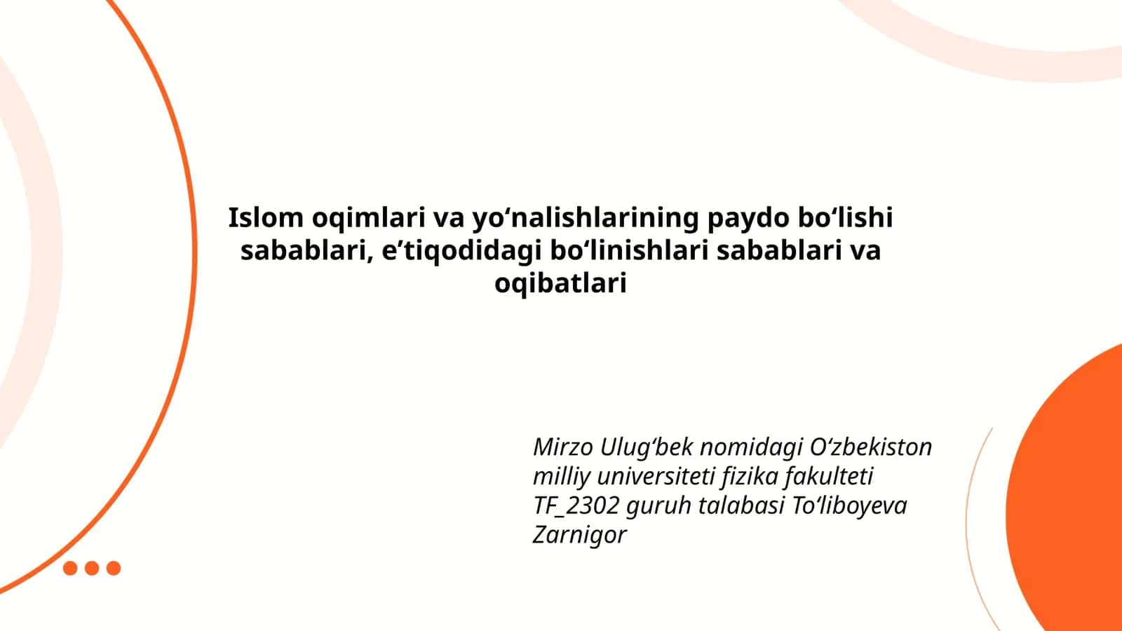 Islom oqimlari va yoʻnalishlarining paydo boʻlishi sabablari, eʼtiqodidagi boʻlinishlari sabablari va oqibatlari 1