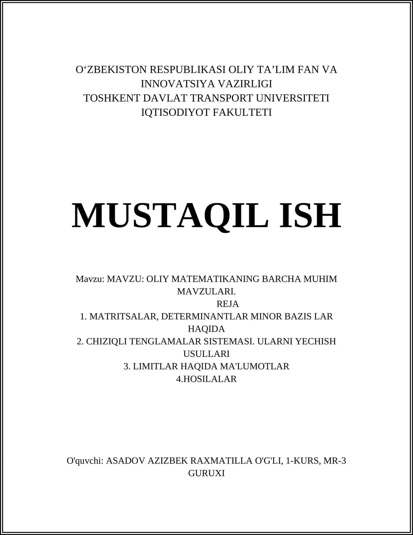 OLIY MATEMATIKANING BARCHA MUHIM MAVZULARI 1