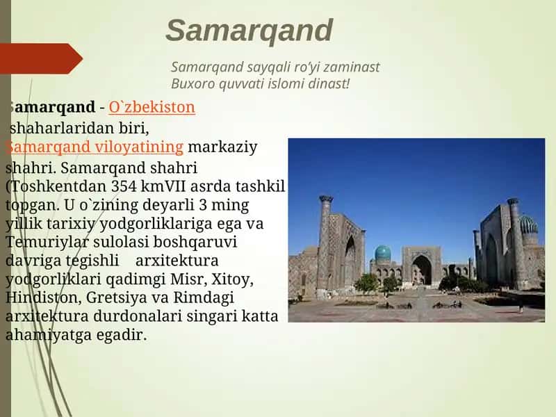 - Tags (comma-separated): Samarqand, O`zbekiston, tarixiy yodgorliklar, Temuriylar, arxitektura, Afrosiyob 1