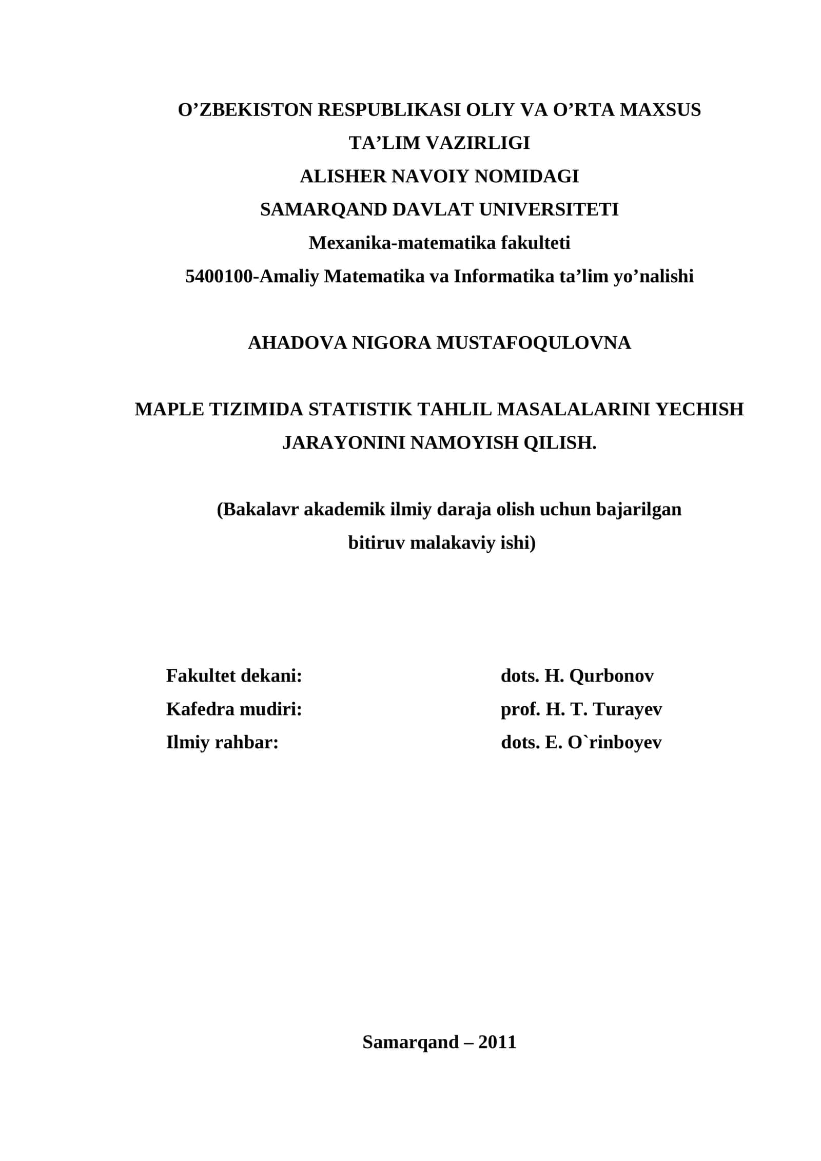 MAPLE TIZIMIDA STATISTIK TAHLIL MASALALARINI YECHISH JARAYONINI NAMOYISH QILISH 1
