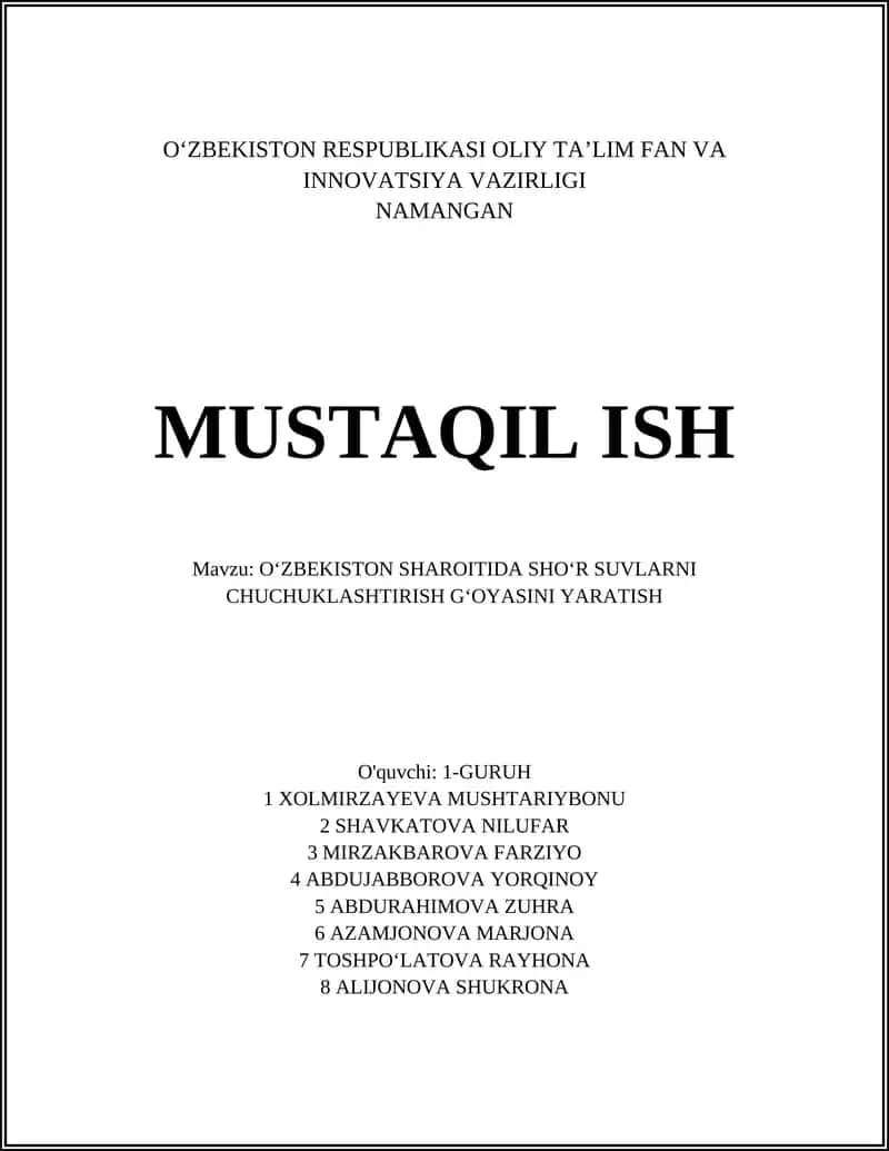 OʻZBEKISTON SHAROITIDA SHOʻR SUVLARNI CHUCHUKLASHTIRISH GʻOYASI 1