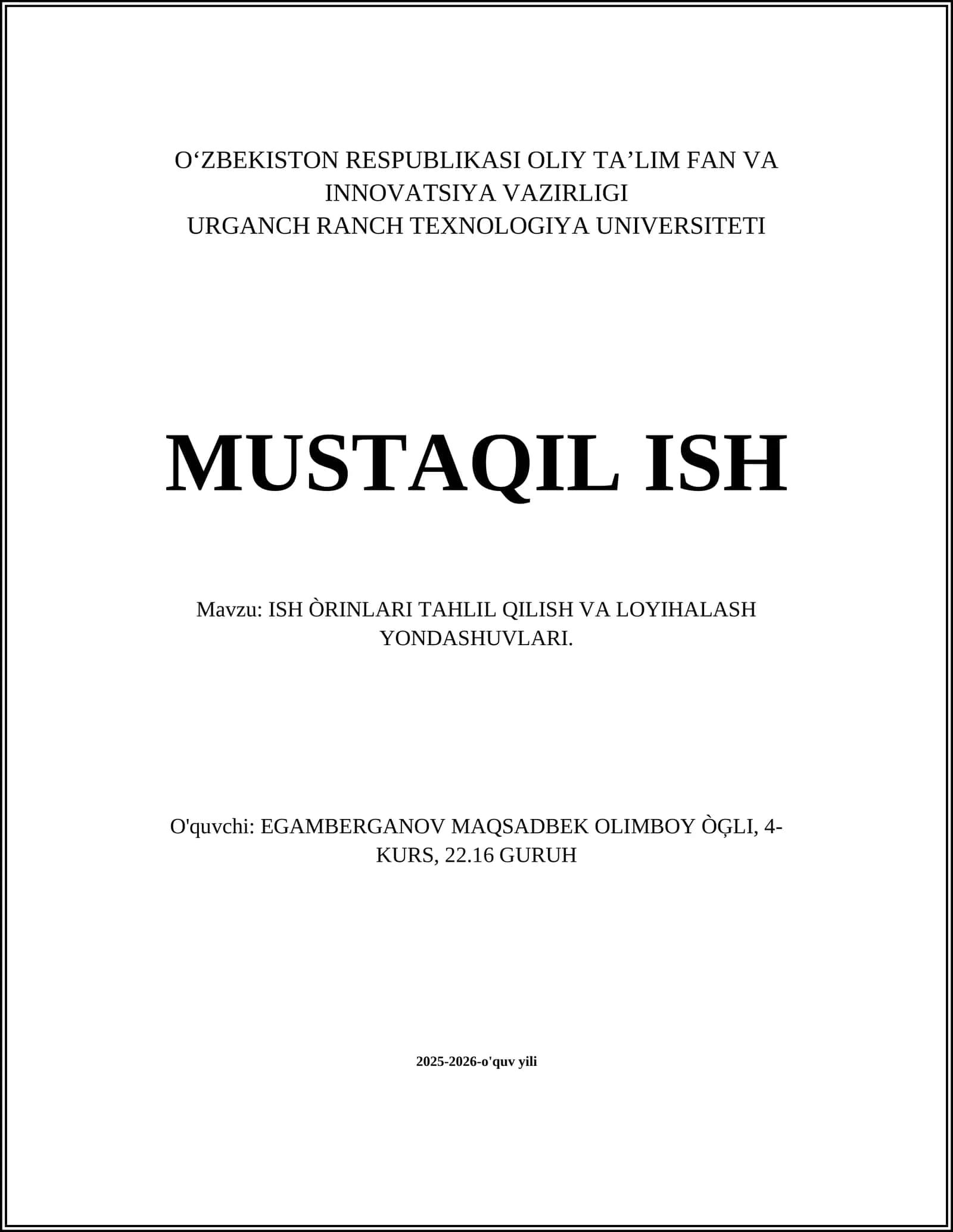 ISH ÒRINLARI TAHLIL QILISH VA LOYIHALASH YONDASHUVLARI 1
