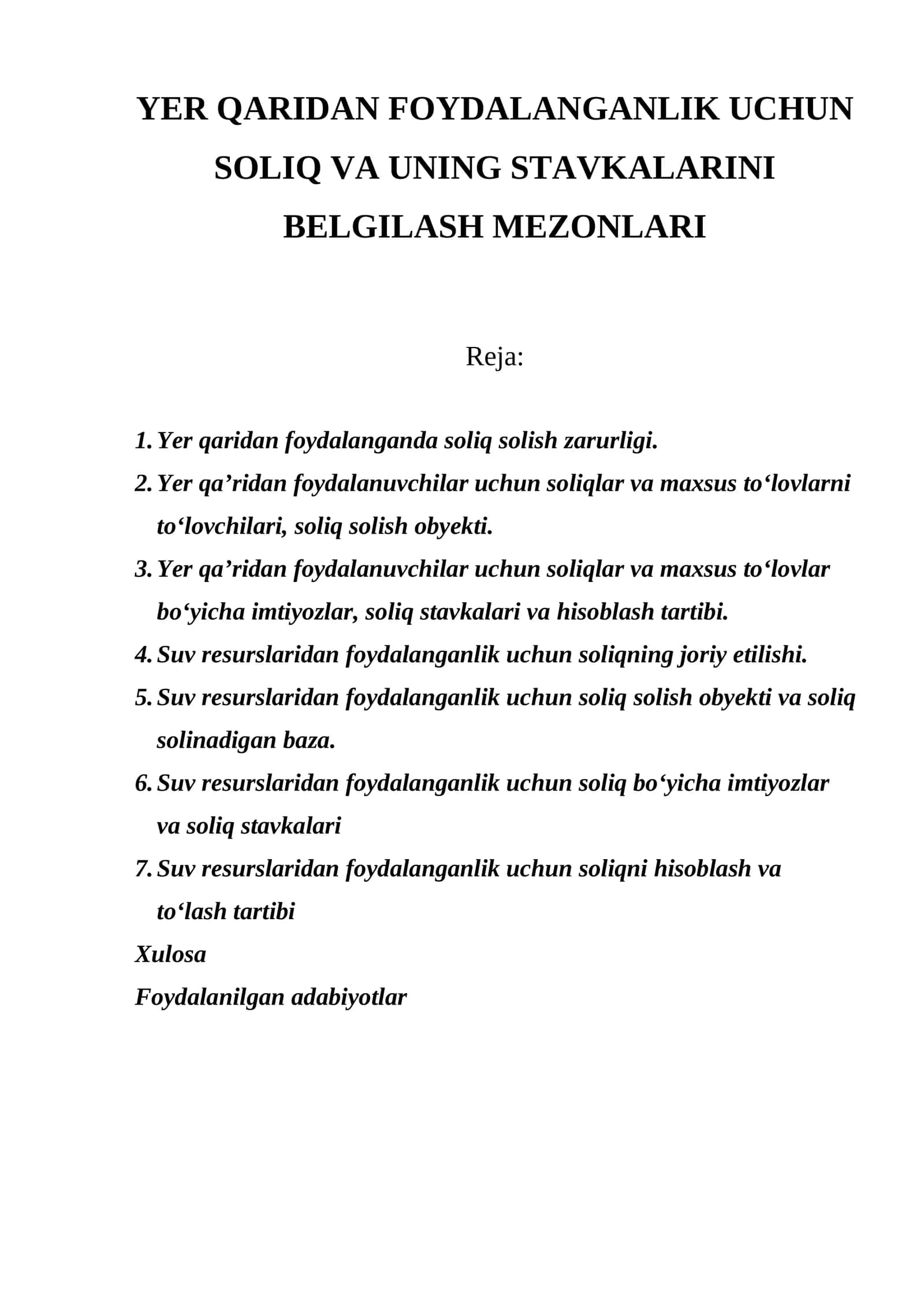 YER QARIDAN FOYDALANGANLIK UCHUN SOLIQ VA UNING STAVKALARINI BELGILASH MEZONLARI 1