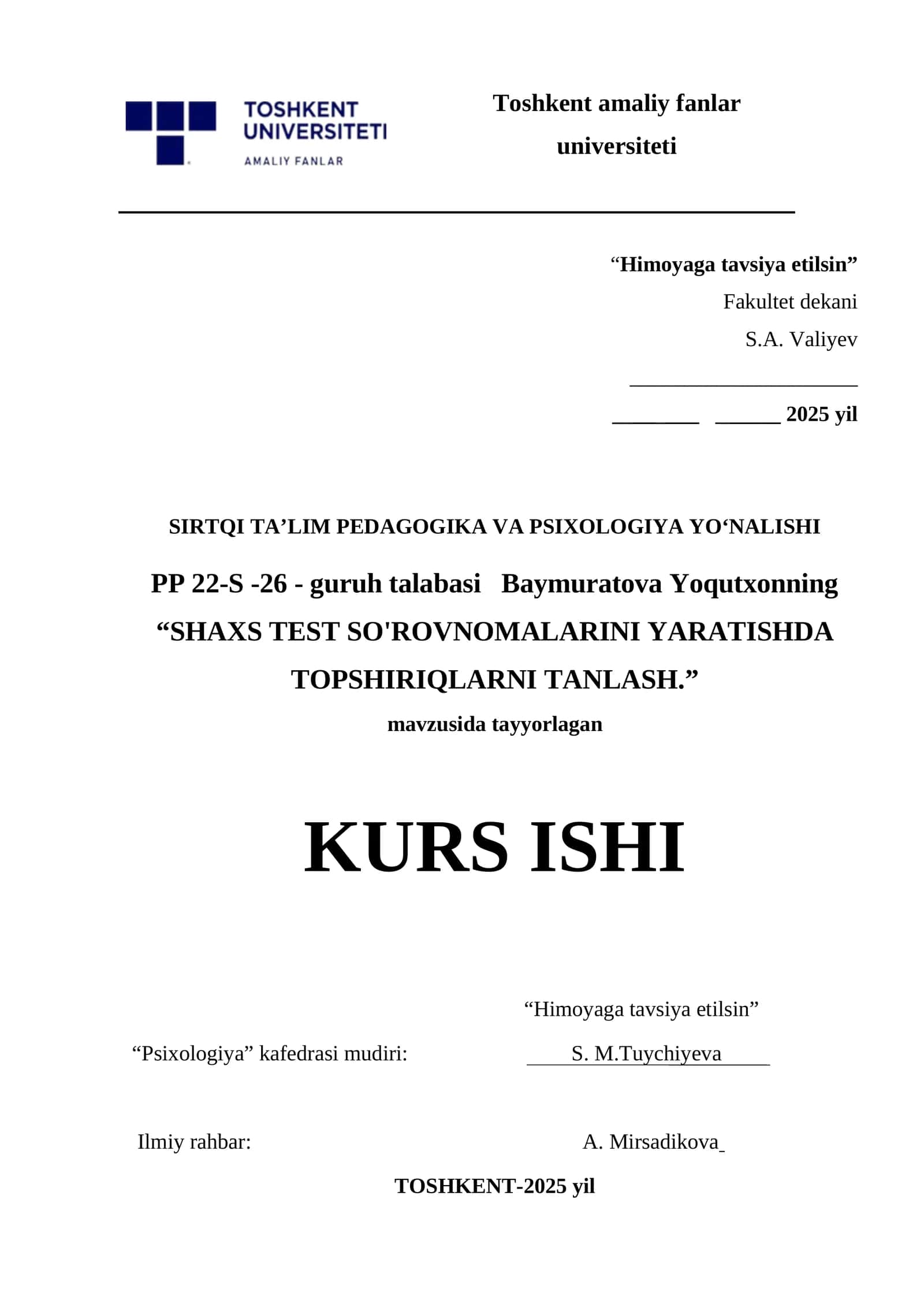 SHAXS TEST SO'ROVNOMALARINI YARATISHDA TOPSHIRIQLARNI TANLASH 1