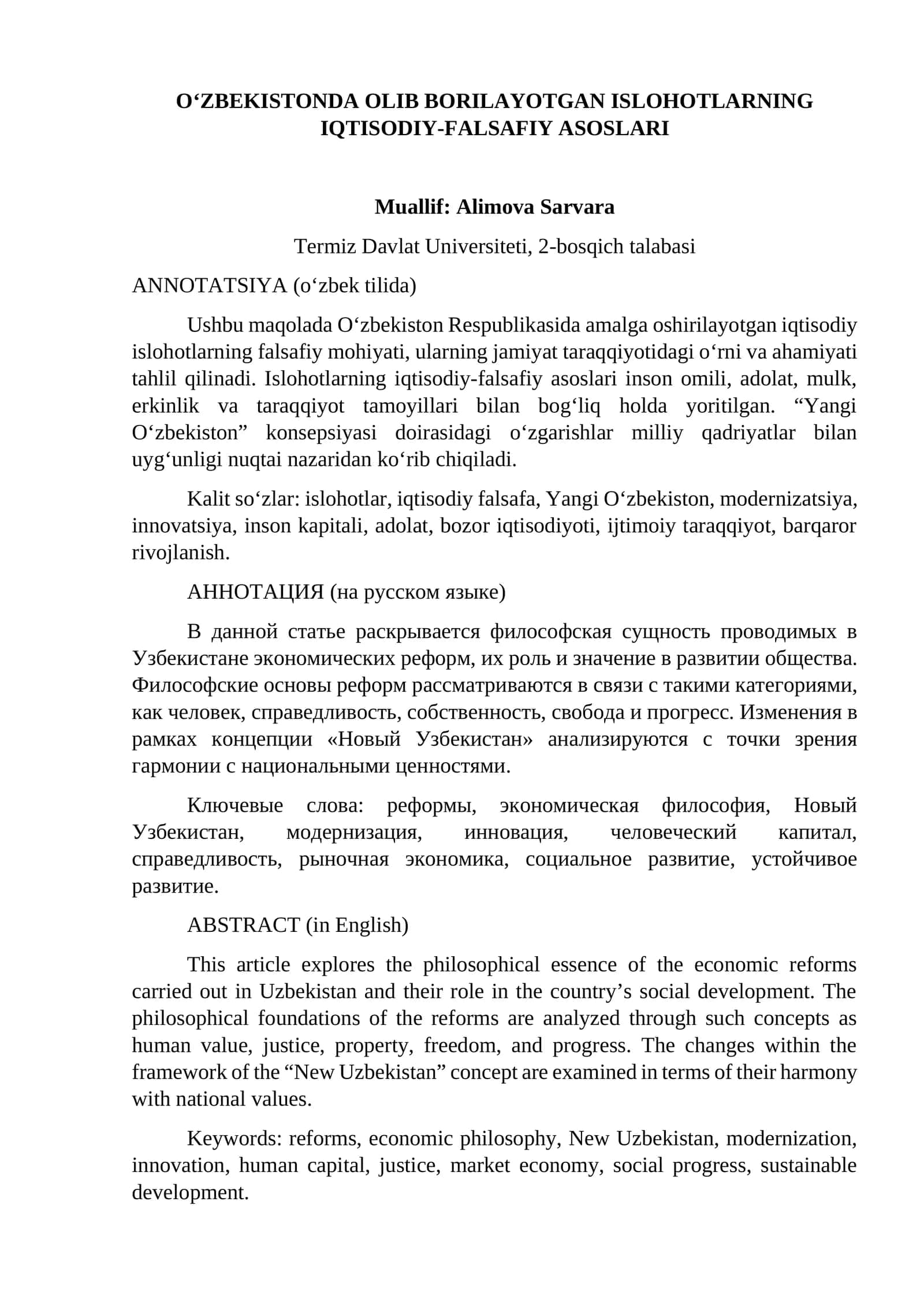 O‘ZBEKISTONDA OLIB BORILAYOTGAN ISLOHOTLARNING IQTISODIY-FALSAFIY ASOSLARI 1