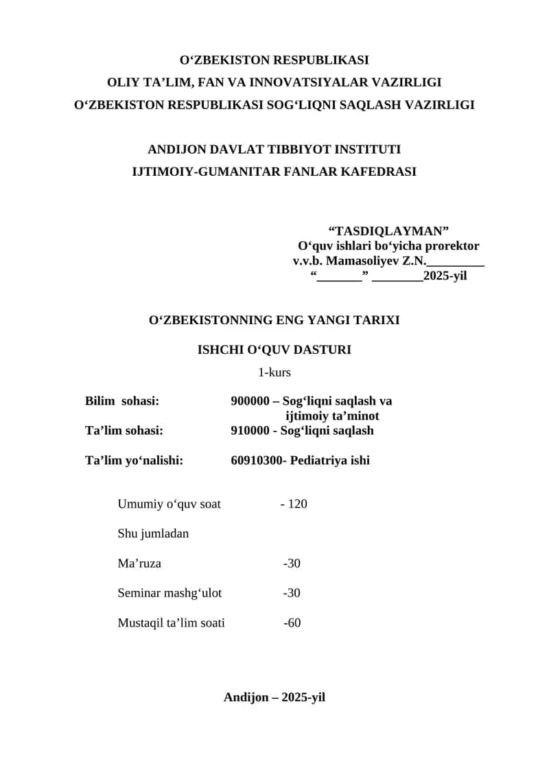 O‘zbekistonning eng yangi tarixi ISHCHI O‘QUV DASTURI 1