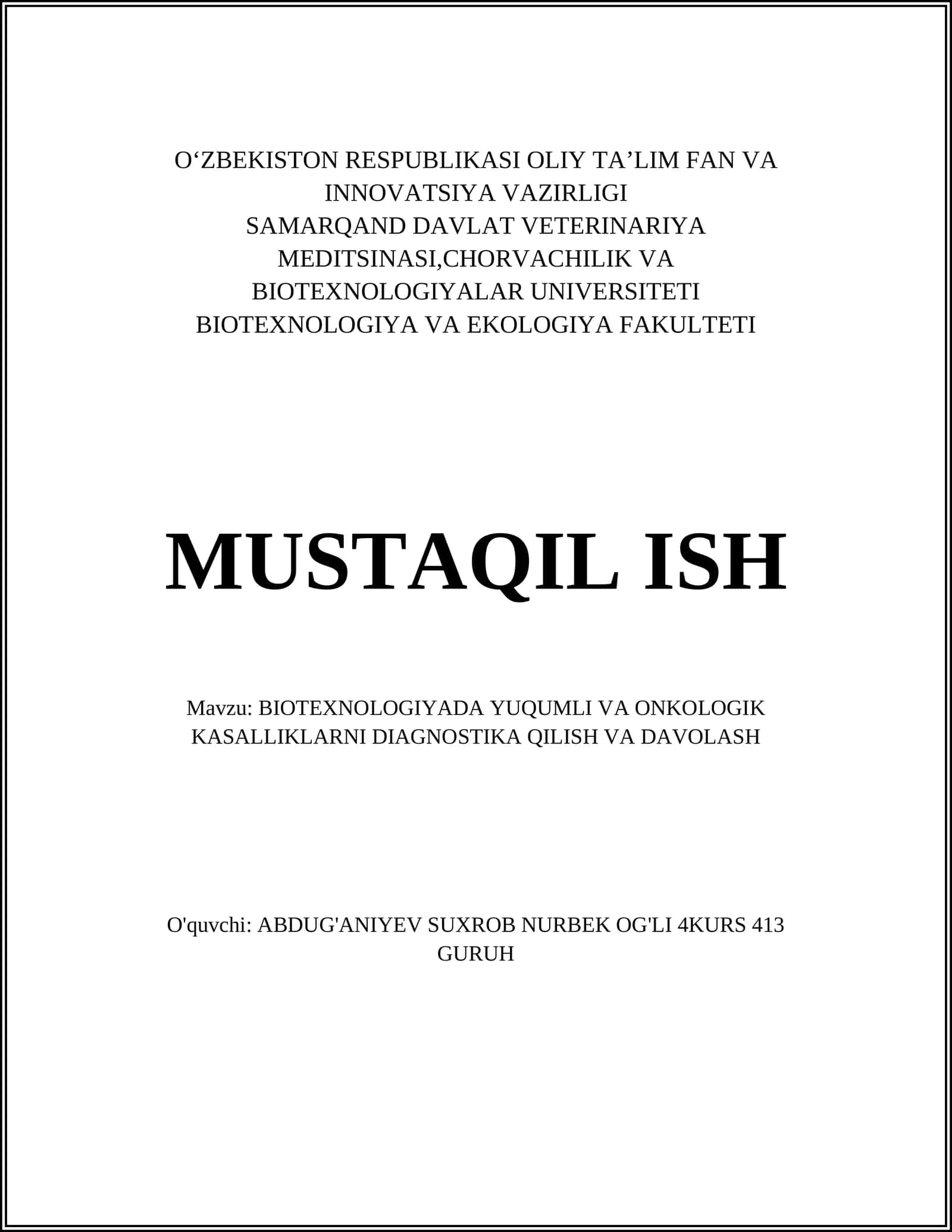 BIOTEXNOLOGIYADA YUQUMLI VA ONKOLOGIK KASALLIKLARNI DIAGNOSTIKA QILISH VA DAVOLASH 1