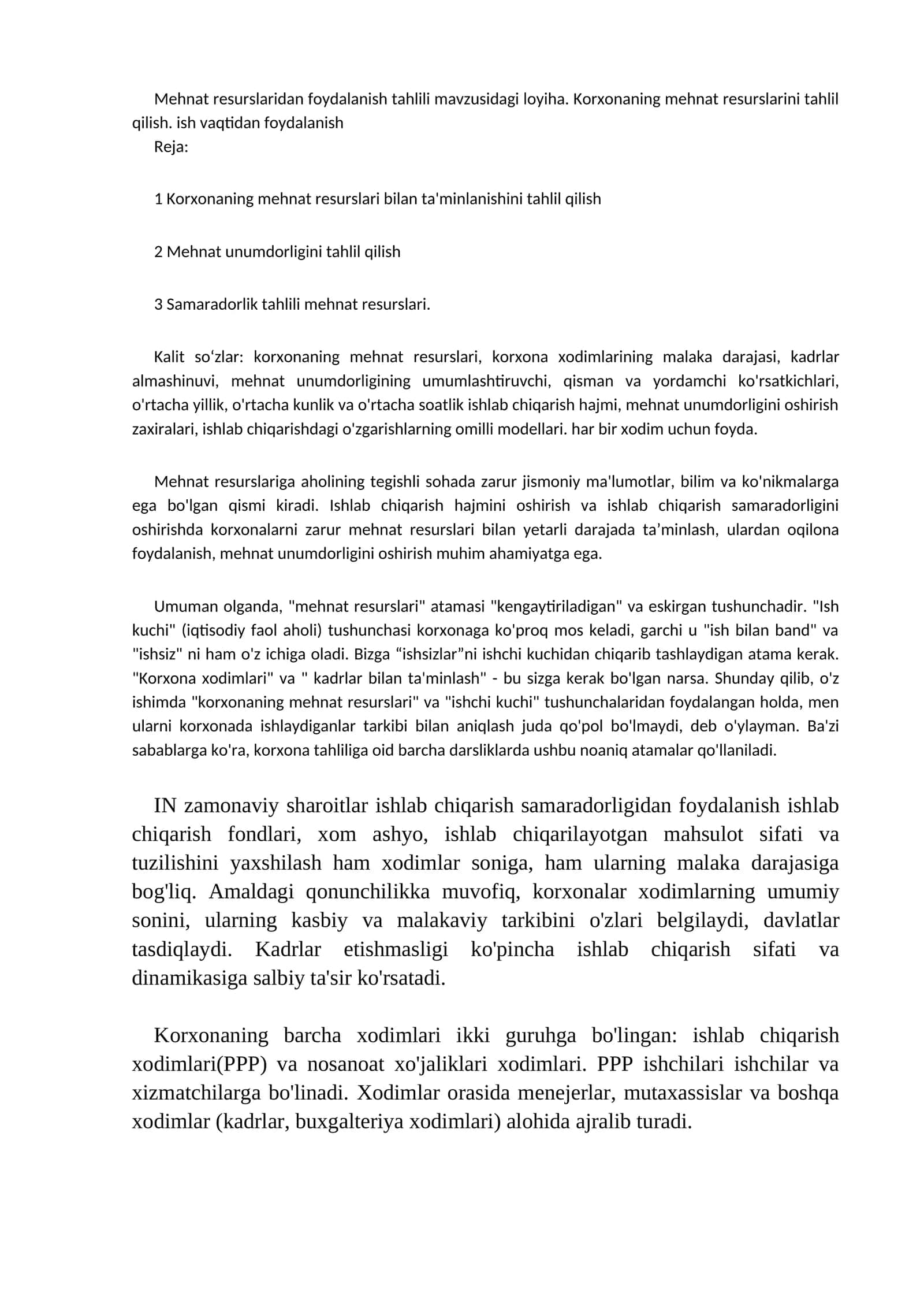 Mehnat resurslaridan foydalanish tahlili mavzusidagi loyiha 1
