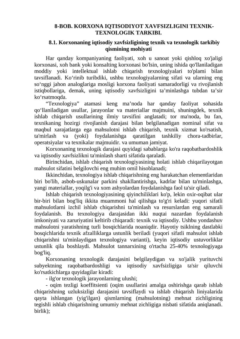 BOB. KORXONA IQTISODIYOT XAVFSIZLIGINI TEXNIK-TEXNOLOGIK TARKIBI 1