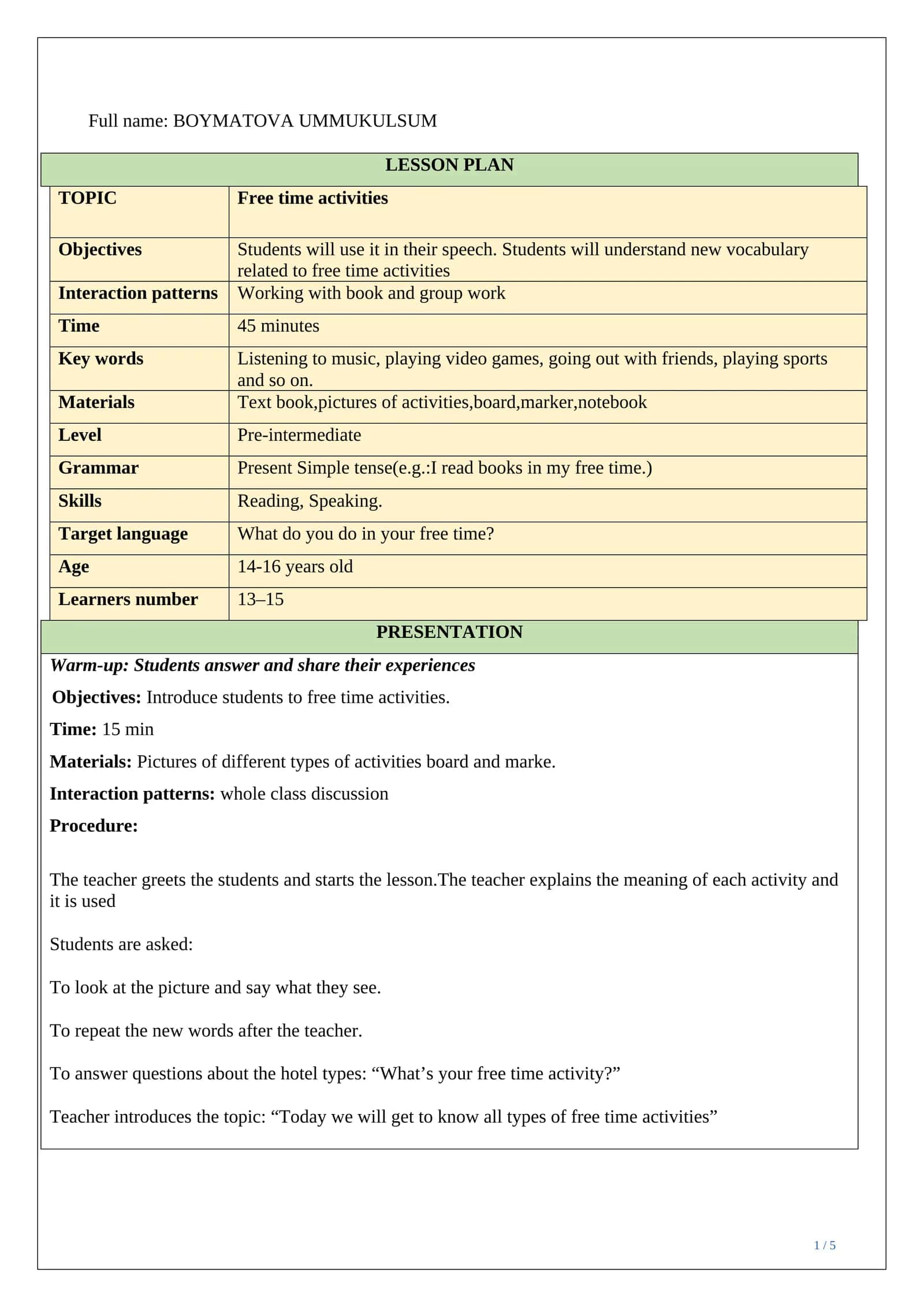 Lesson plan ESP Free time activities 1