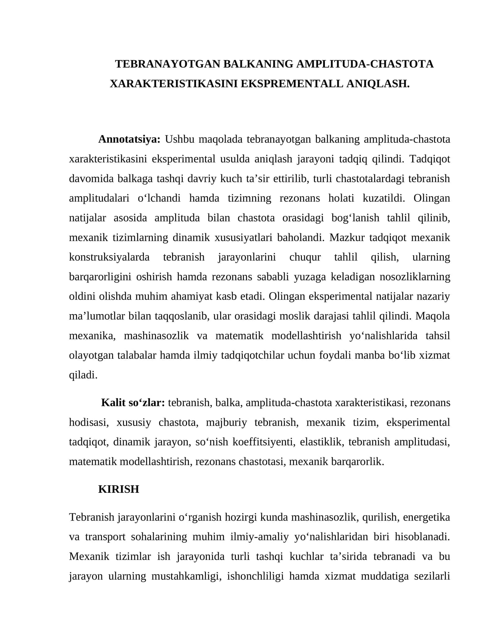 TEBRANAYOTGAN BALKANING AMPLITUDA-CHASTOTA XARAKTERISTIKASINI EKSPREMENTALL ANIQLASH 1