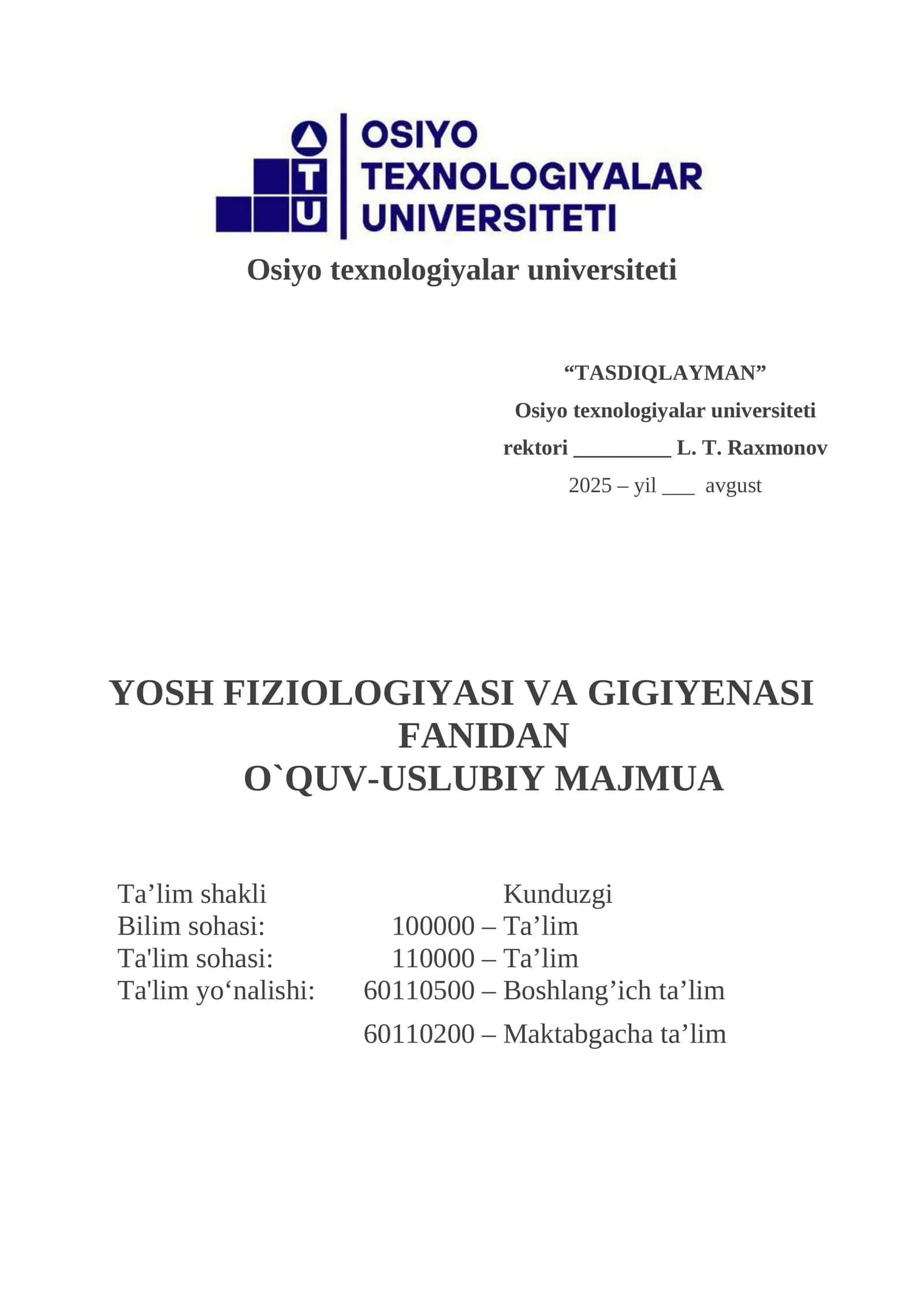 Yosh fiziologiyasi va gigiyenasi fanidan oʻquv-uslubiy majmua 1