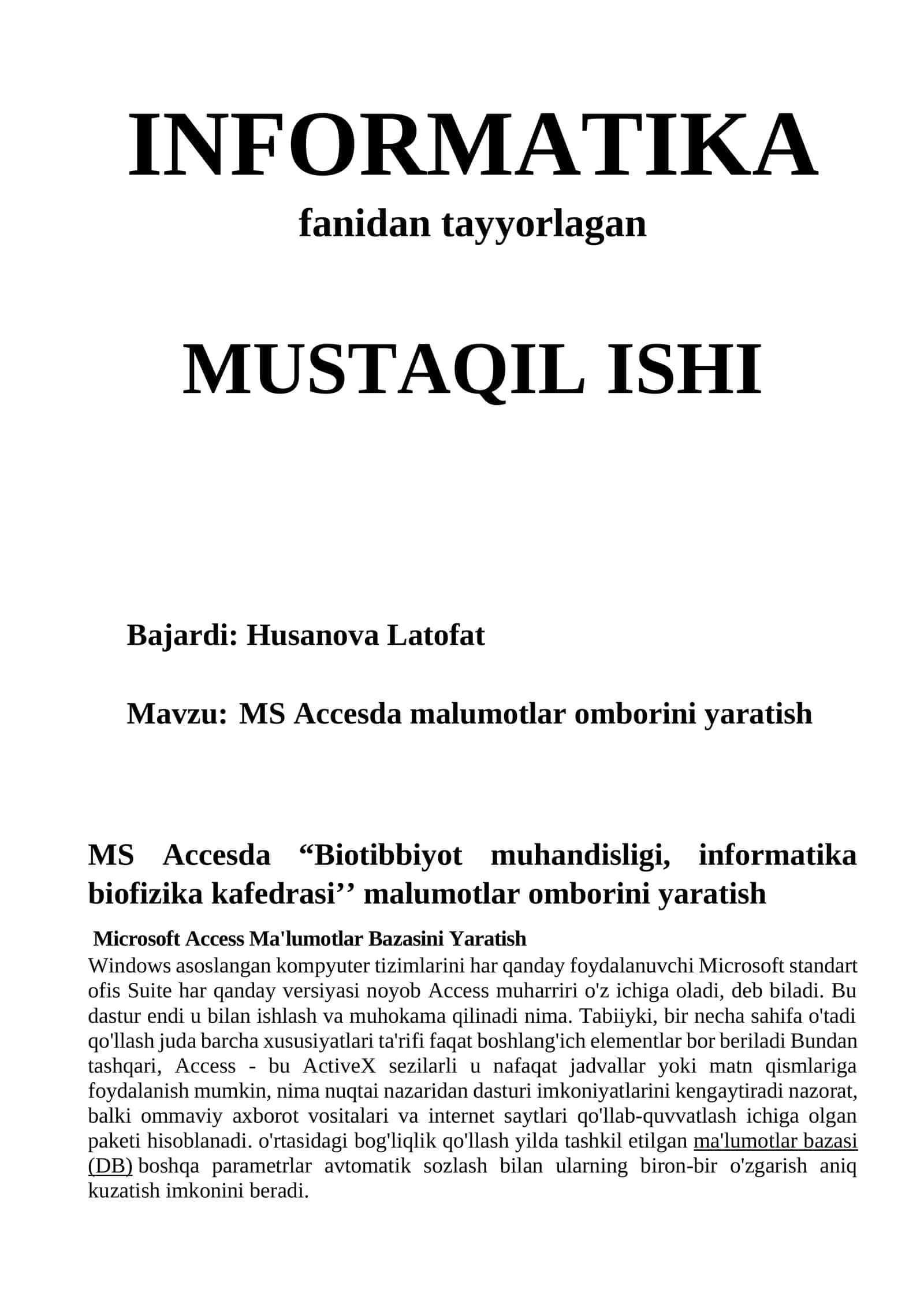 MS Accesda malumotlar omborini yaratish 1