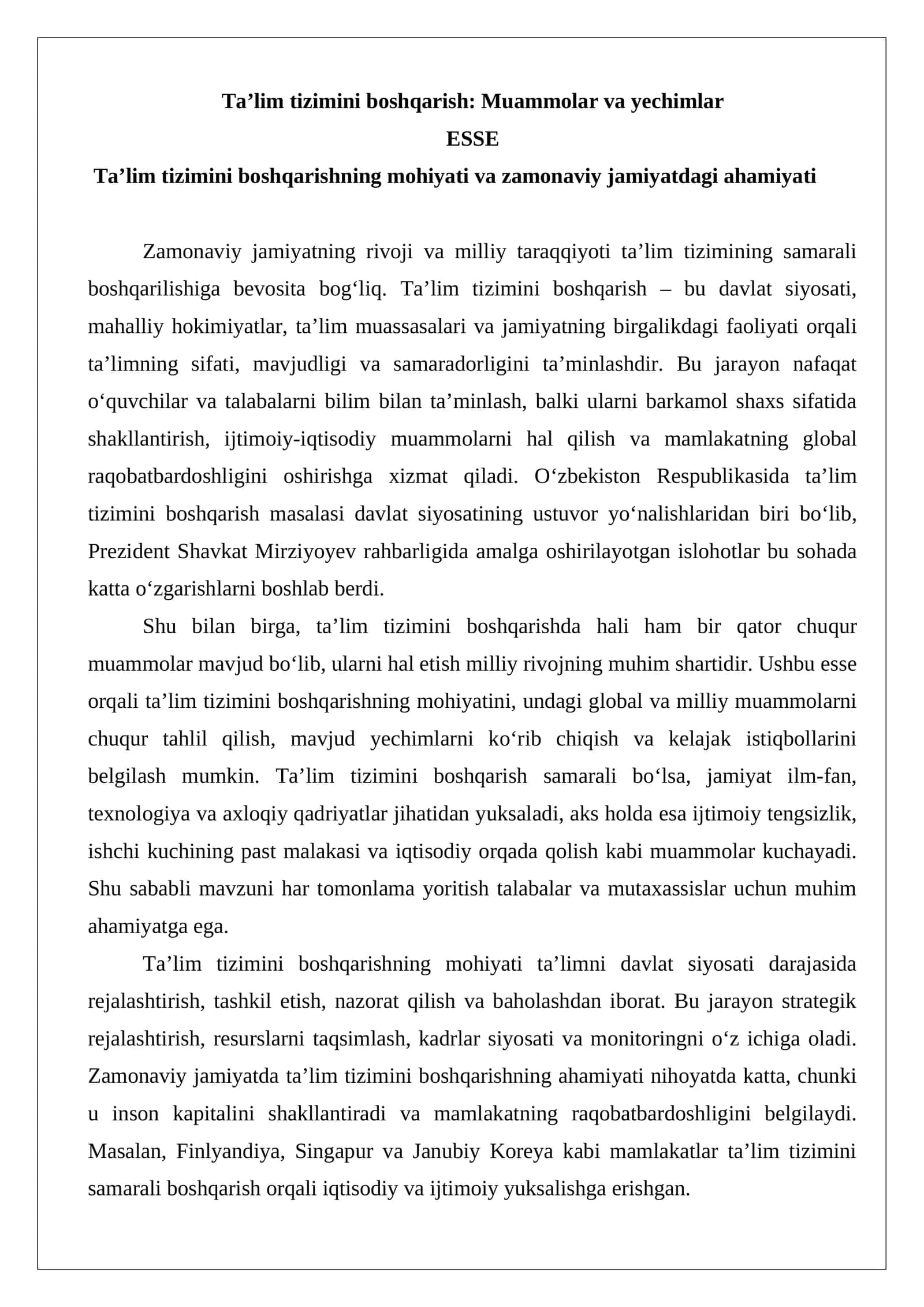 Ta’lim tizimini boshqarish: Muammolar va yechimlar 1