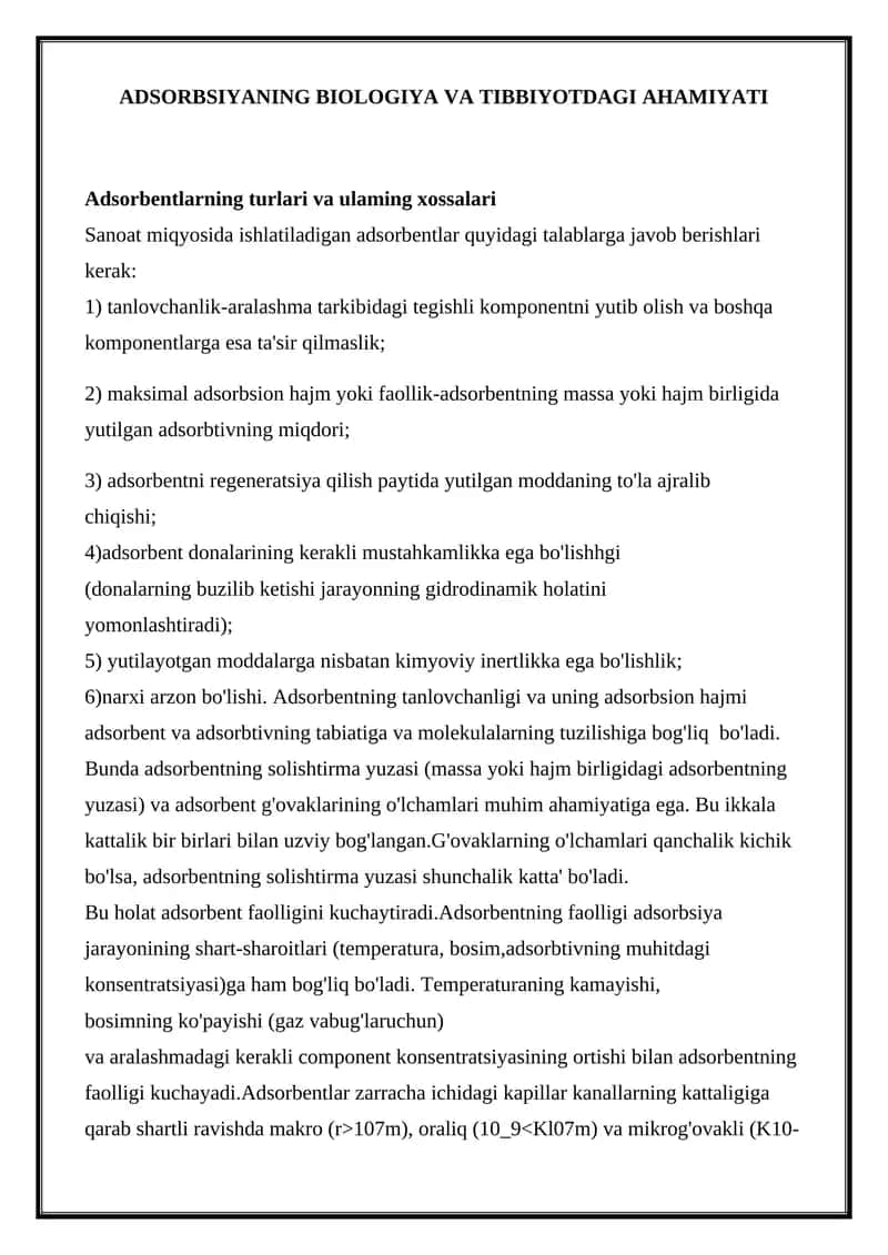 Adsorbsiyaning Biologiya va Tibbiyotdagi Ahamiyati 1