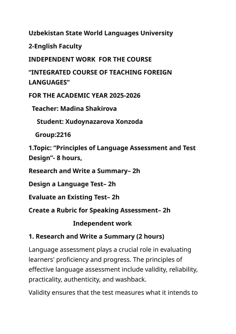 Principles of Language Assessment and Test Design 1