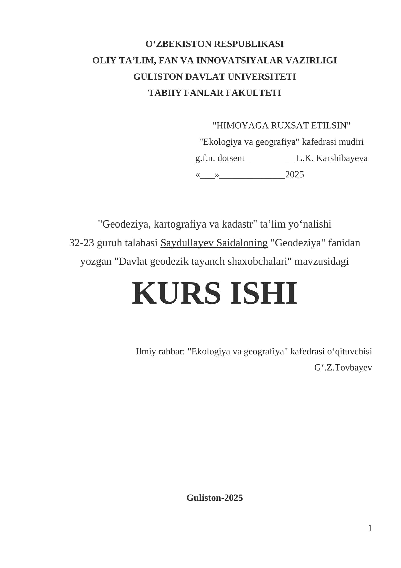 "Davlat geodezik tayanch shaxobchalari" mavzusidagi KURS ISHI 1