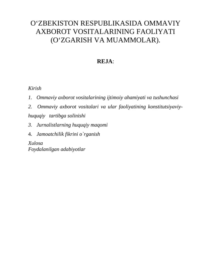 Ommaviy axborot vositalarining faoliyati 1