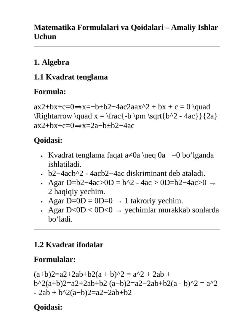 Matematika Formulalari va Qoidalari – Amaliy Ishlar Uchun 1