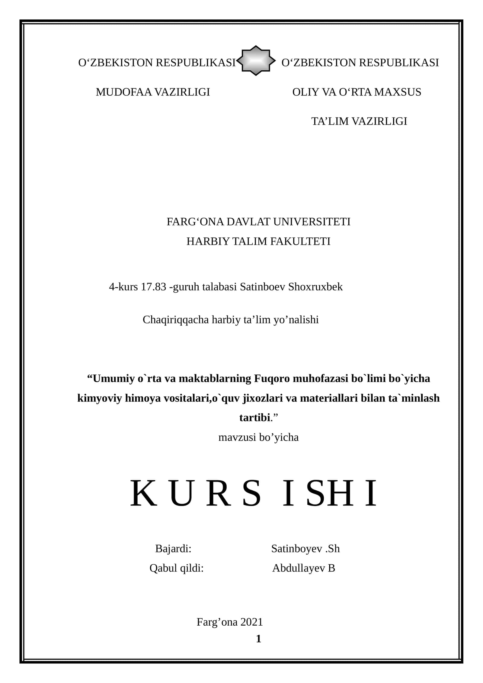KURS ISH BO’YICHA TOPSHIRIQ 1