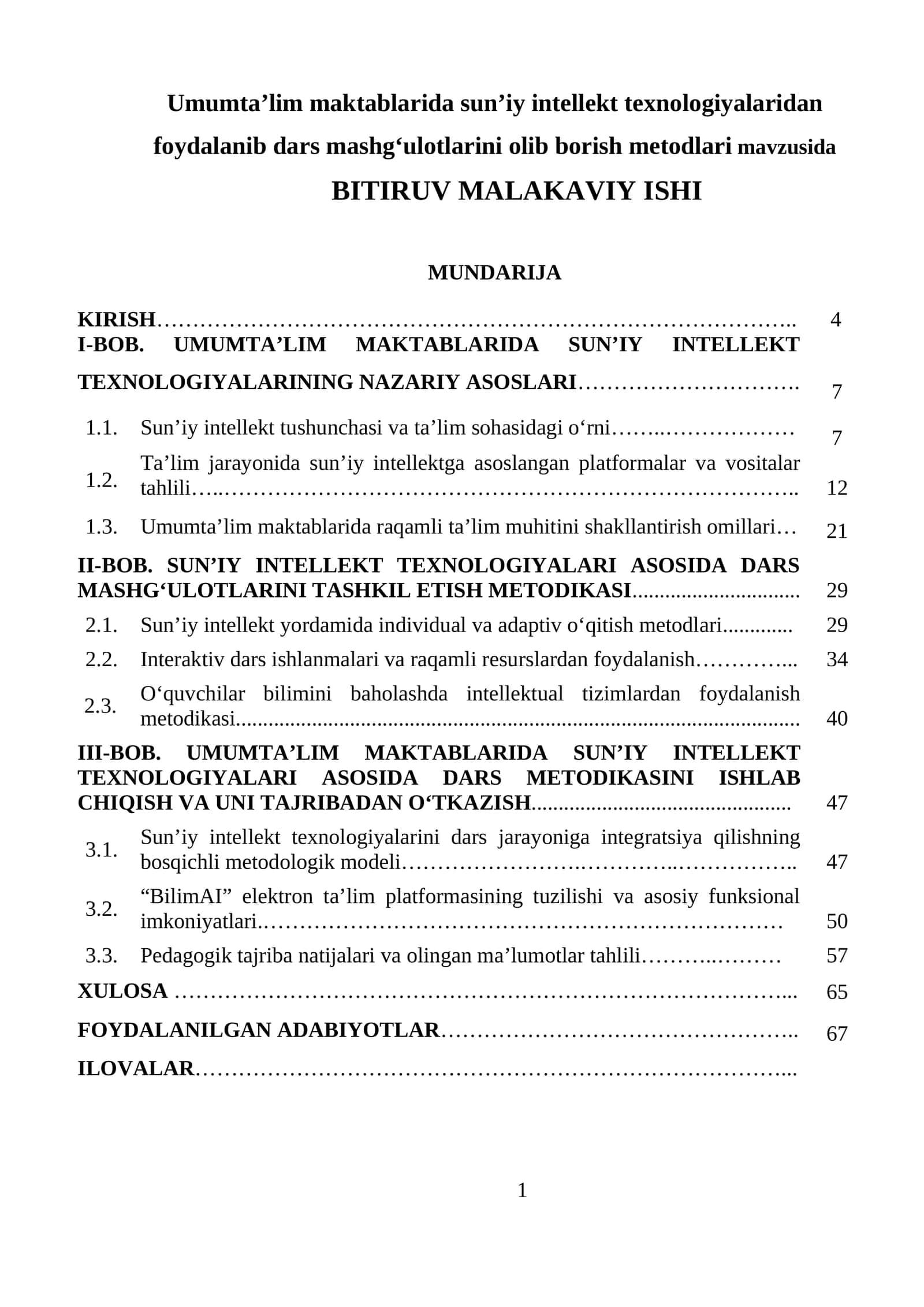 Umumta’lim maktablarida sun’iy intellekt texnologiyalaridan foydalanib dars mashg‘ulotlarini olib borish metodlari mavzusida BITIRUV MALAKAVIY ISHI 1