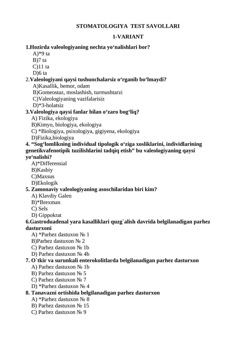 STOMATOLOGIYA TEST SAVOLLARI 1