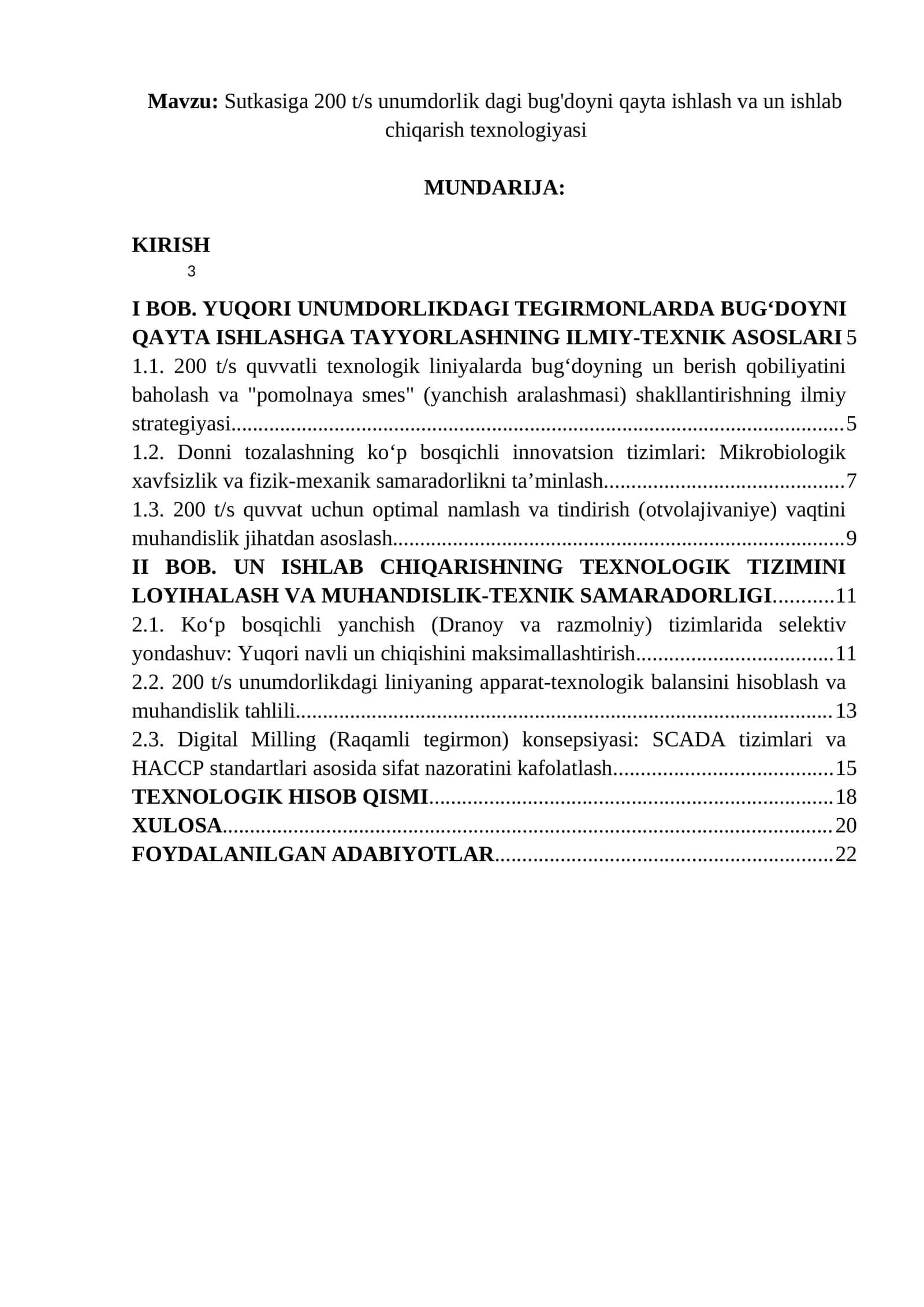 Sutkasiga 200 t/s unumdorlik dagi bug'doyni qayta ishlash va un ishlab chiqarish texnologiyasi 1