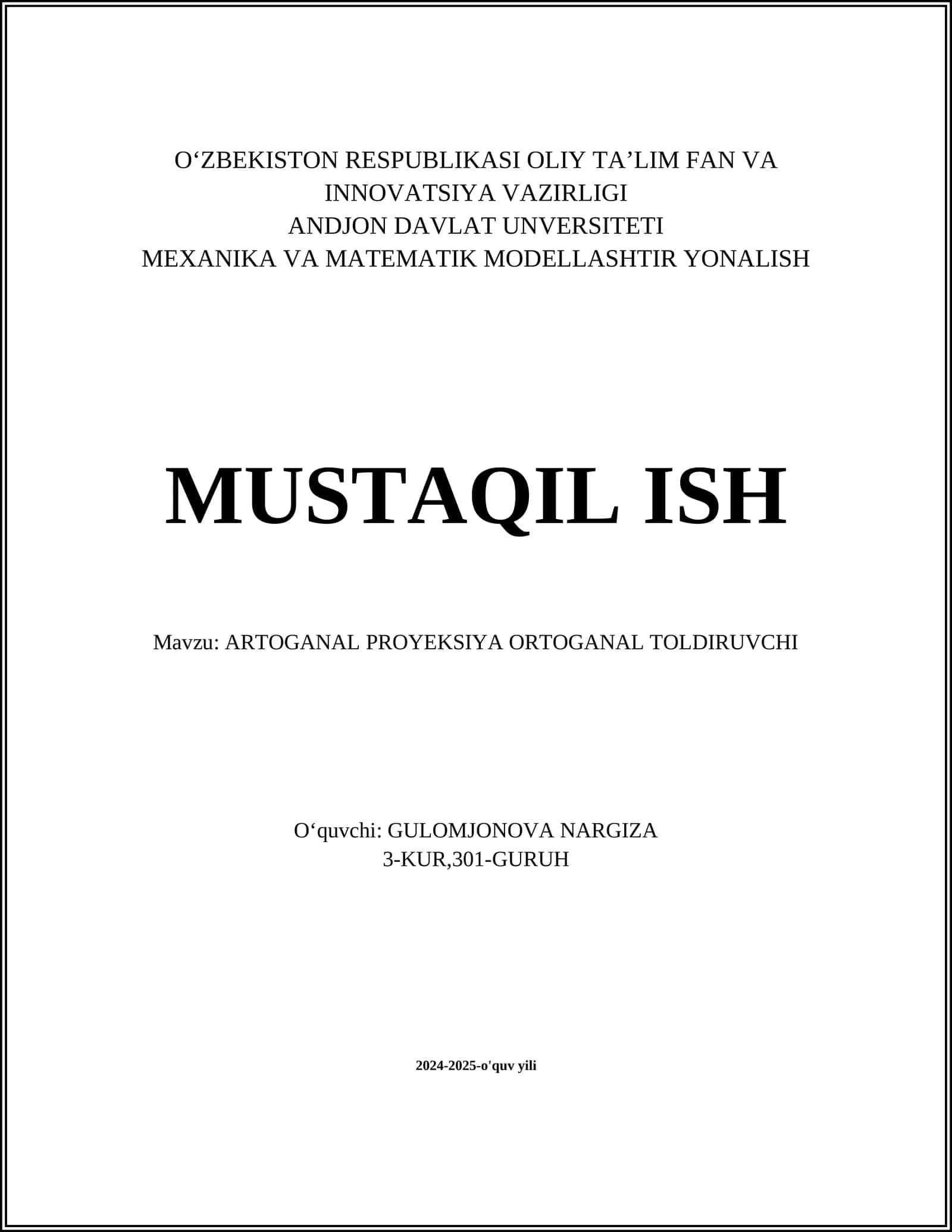 ARTOGANAL PROYEKSIYA ORTOGANAL TOLDIRUVCHI 1