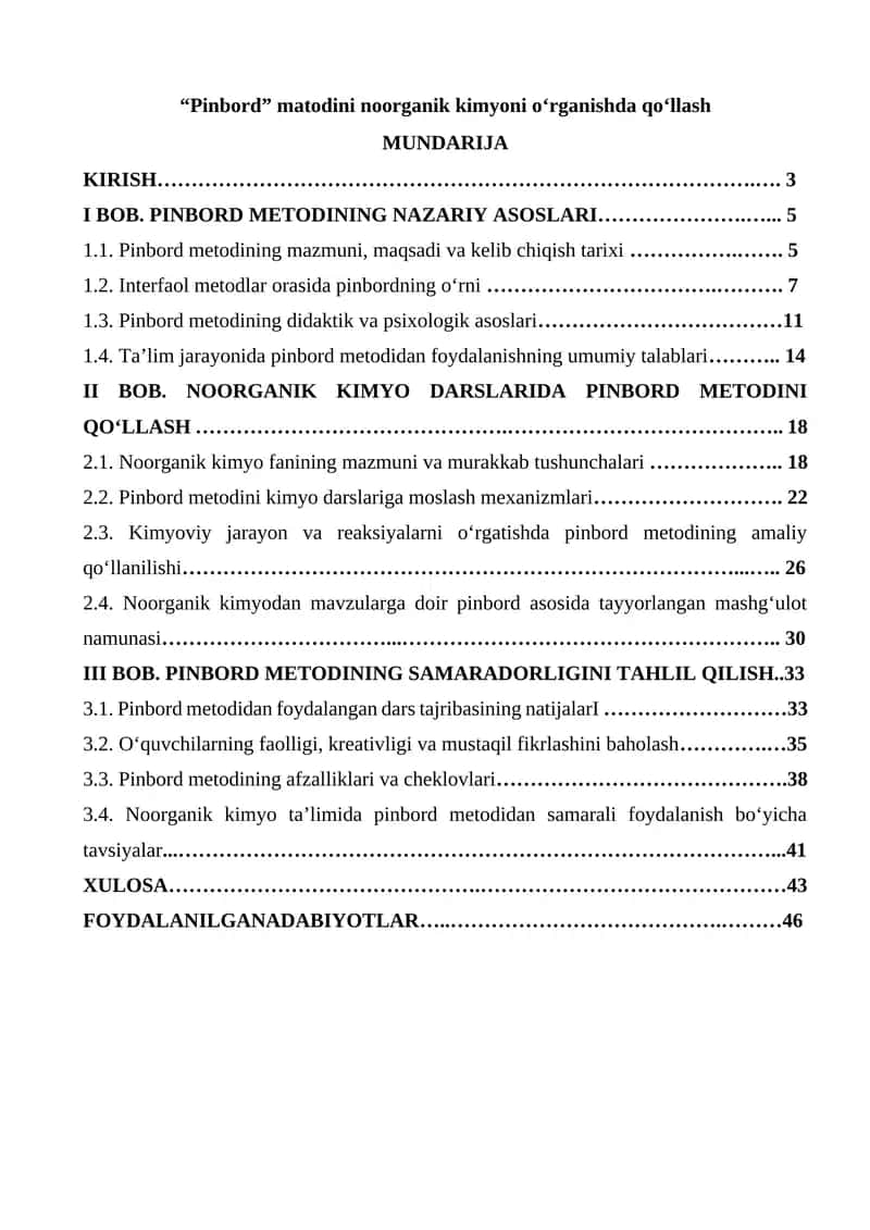 “Pinbord” matodini noorganik kimyoni oʻrganishda qoʻllash 1