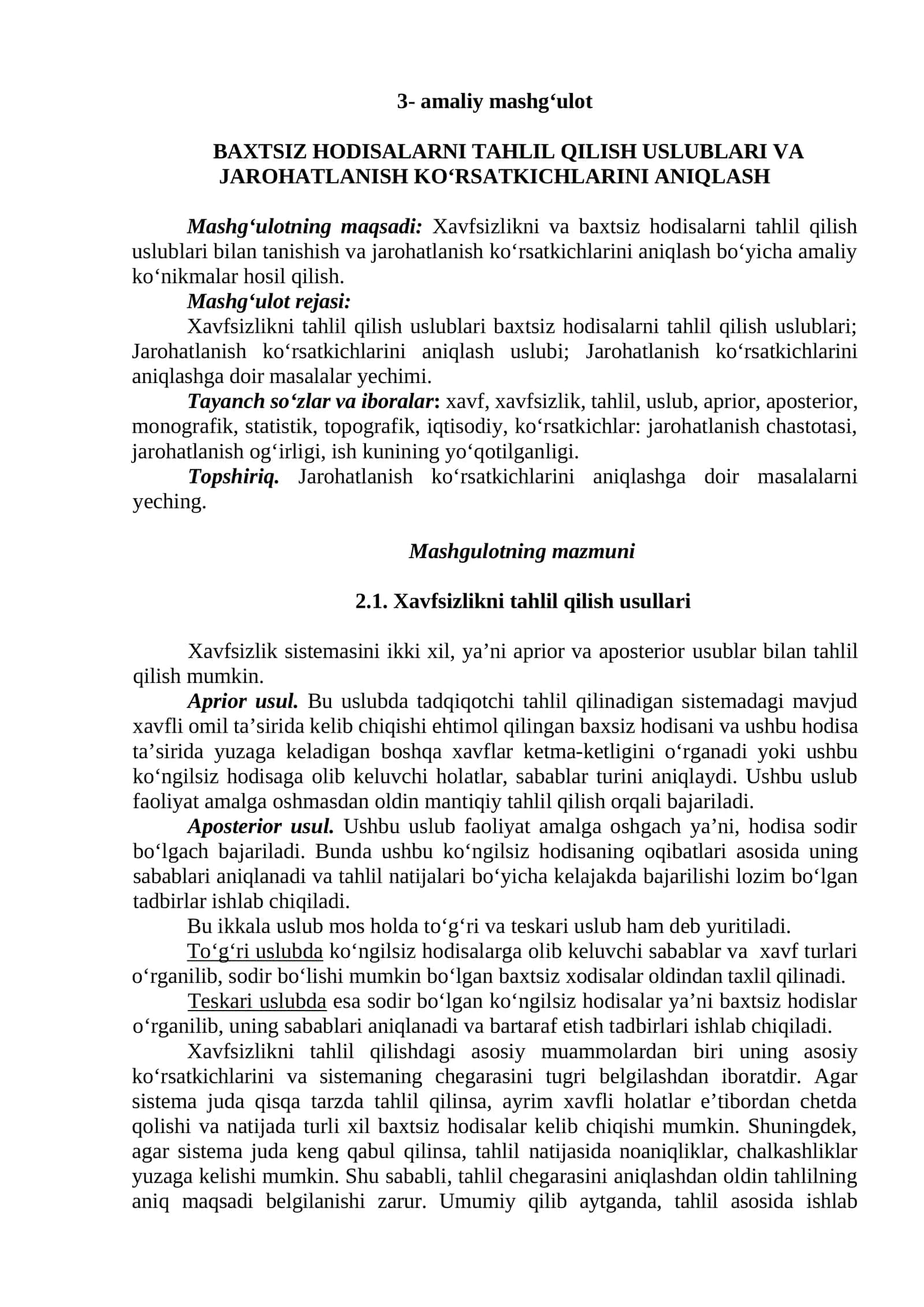BAXTSIZ HODISALARNI TAHLIL QILISH USLUBLARI VA JAROHATLANISH KO‘RSATKICHLARINI ANIQLASH 1