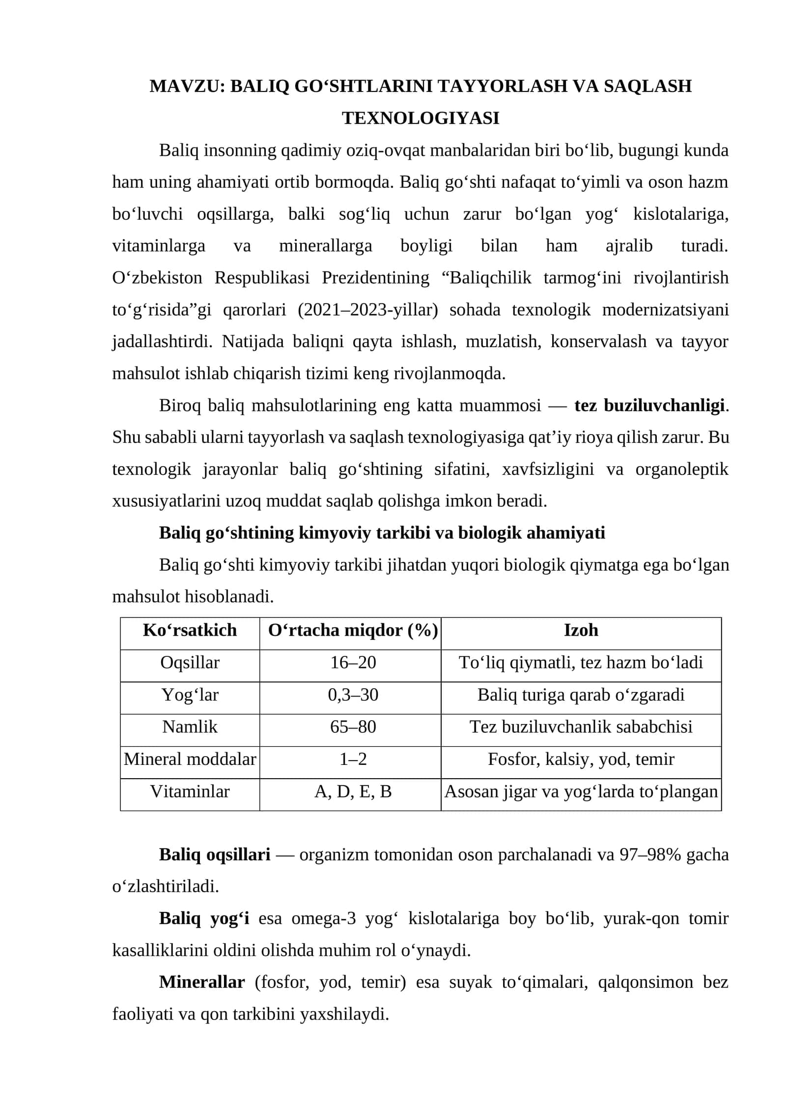 BALIQ GO‘SHTLARINI TAYYORLASH VA SAQLASH TEXNOLOGIYASI 1