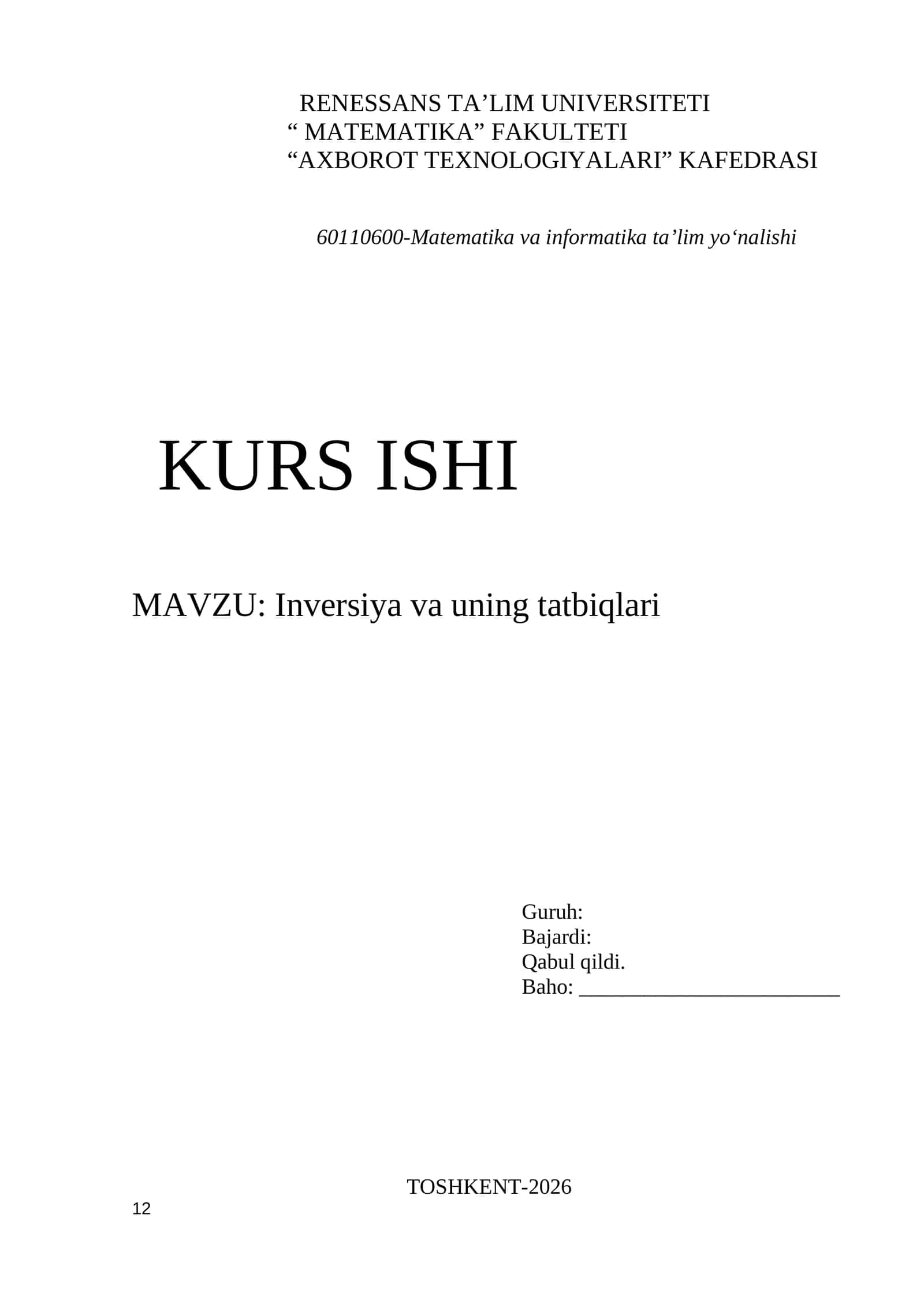 Matematika va informatika ta'lim yo‘nalishi - Inversiya va uning tatbiqlari 1