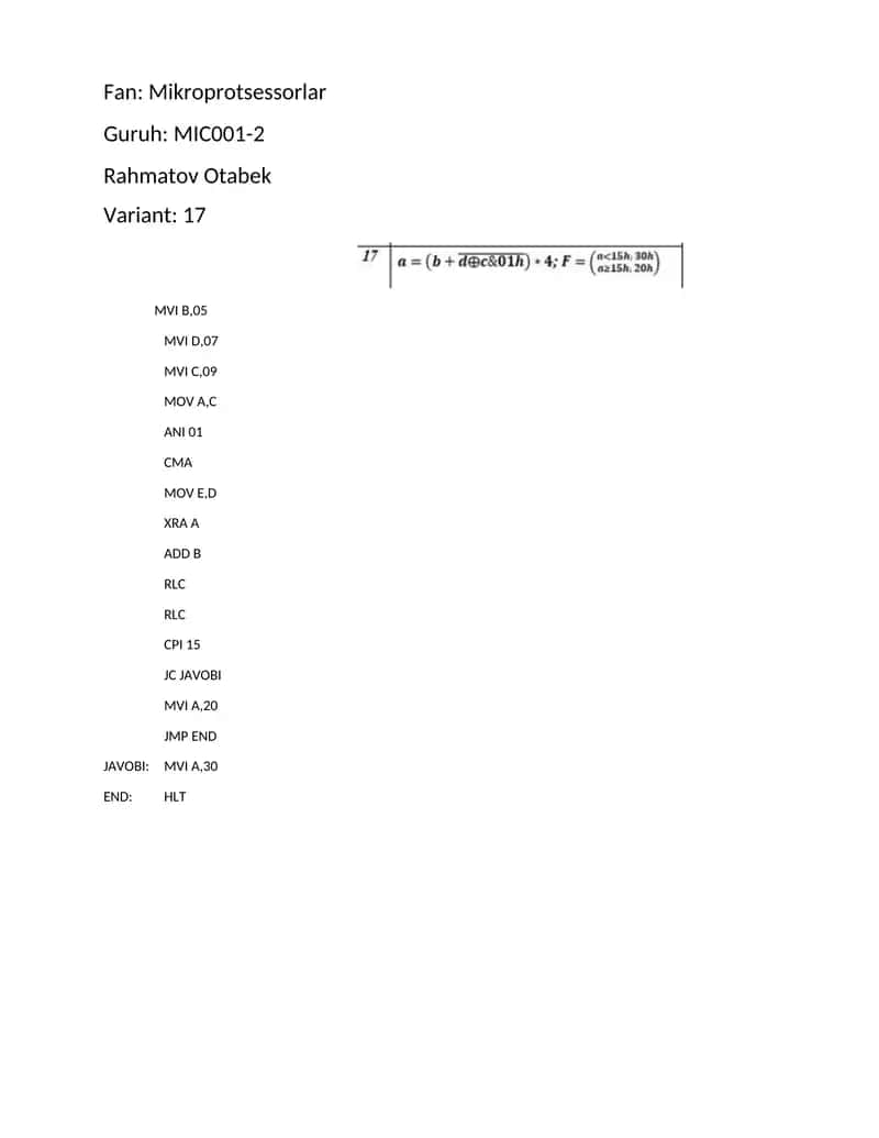 microprotsessorlar 3-amaliy mashg'ulot 1