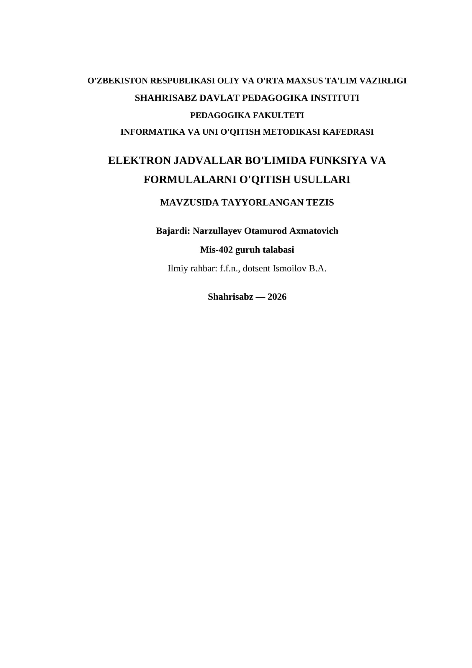 ELEKTRON JADVALLAR BO'LIMIDA FUNKSIYA VA FORMULALARNI O'QITISH USULLARI 1