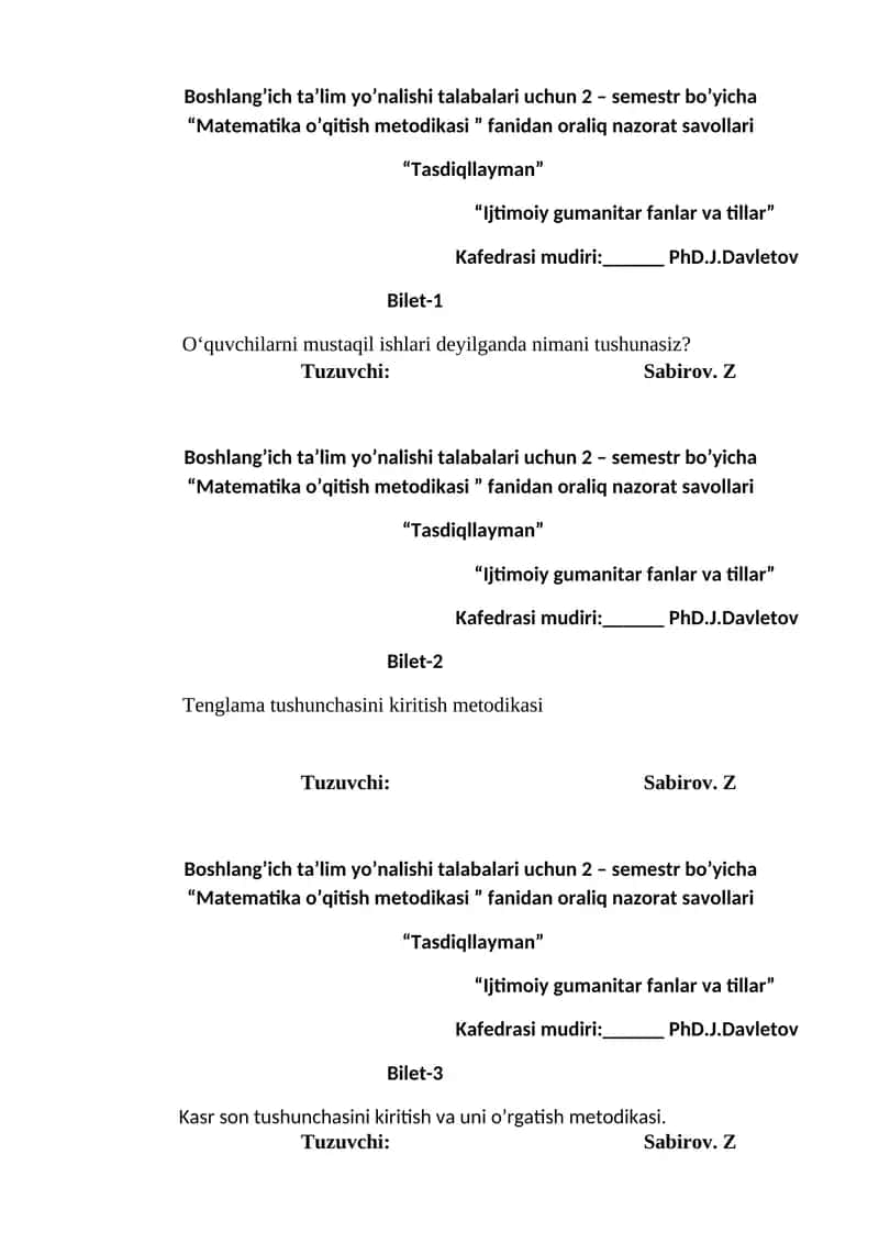 Matematika o’qitish metodikasi 1