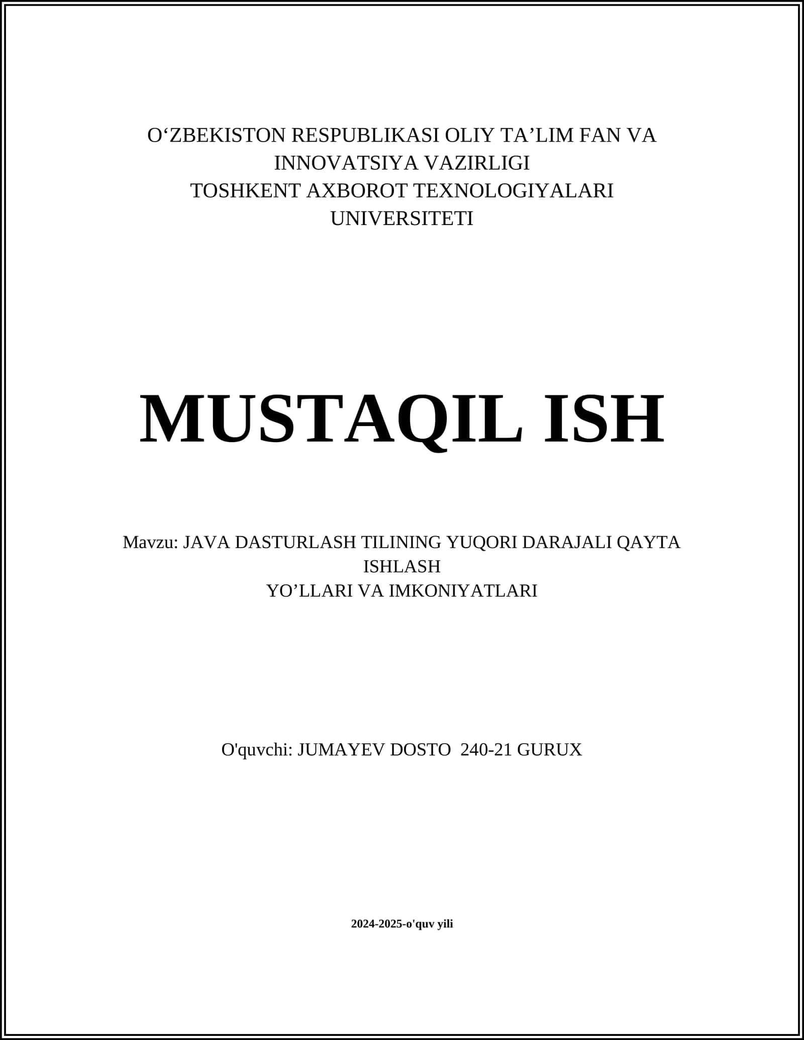 JAVA DASTURLASH TILINING YUQORI DARAJALI QAYTA ISHLASH YO’LLARI VA IMKONIYATLARI 1
