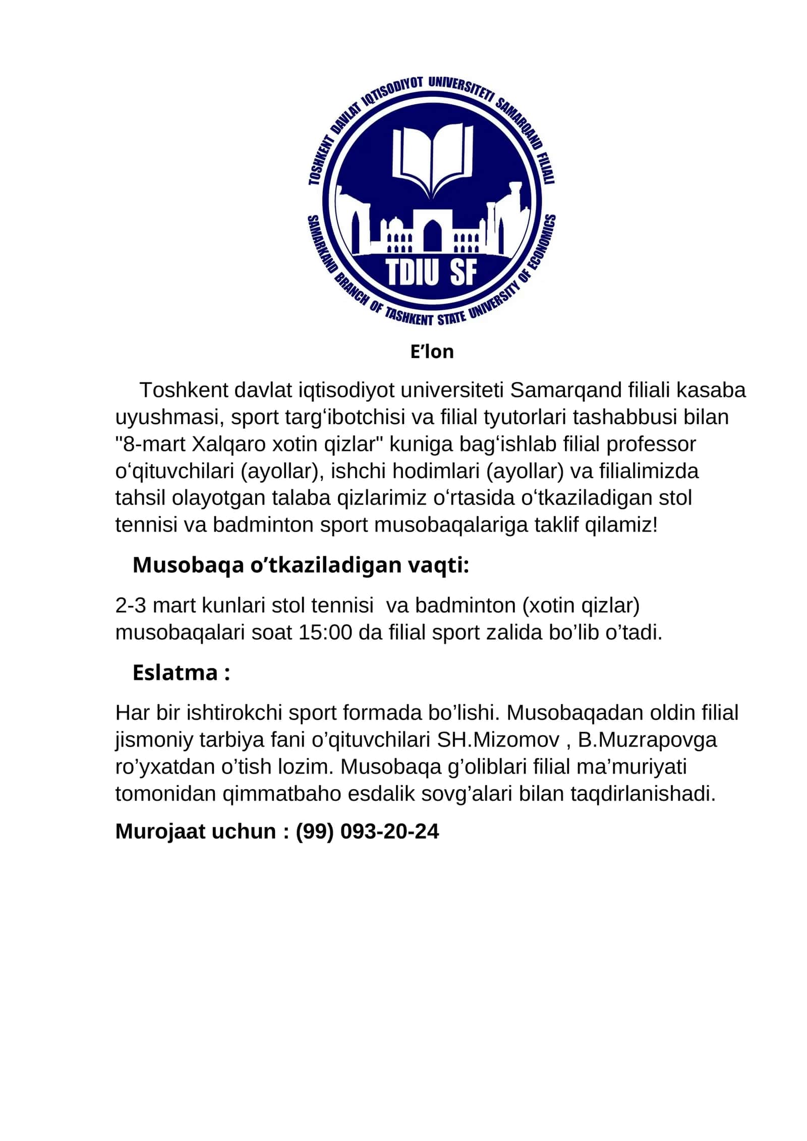 8-mart Xalqaro xotin qizlar kuniga bag'ishlangan musobaqalar 1