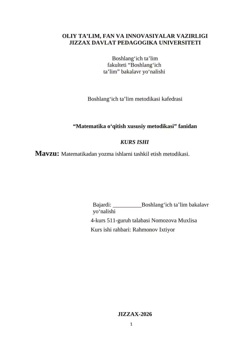 Matematikadan yozma ishlarni tashkil etish metodikasi 1