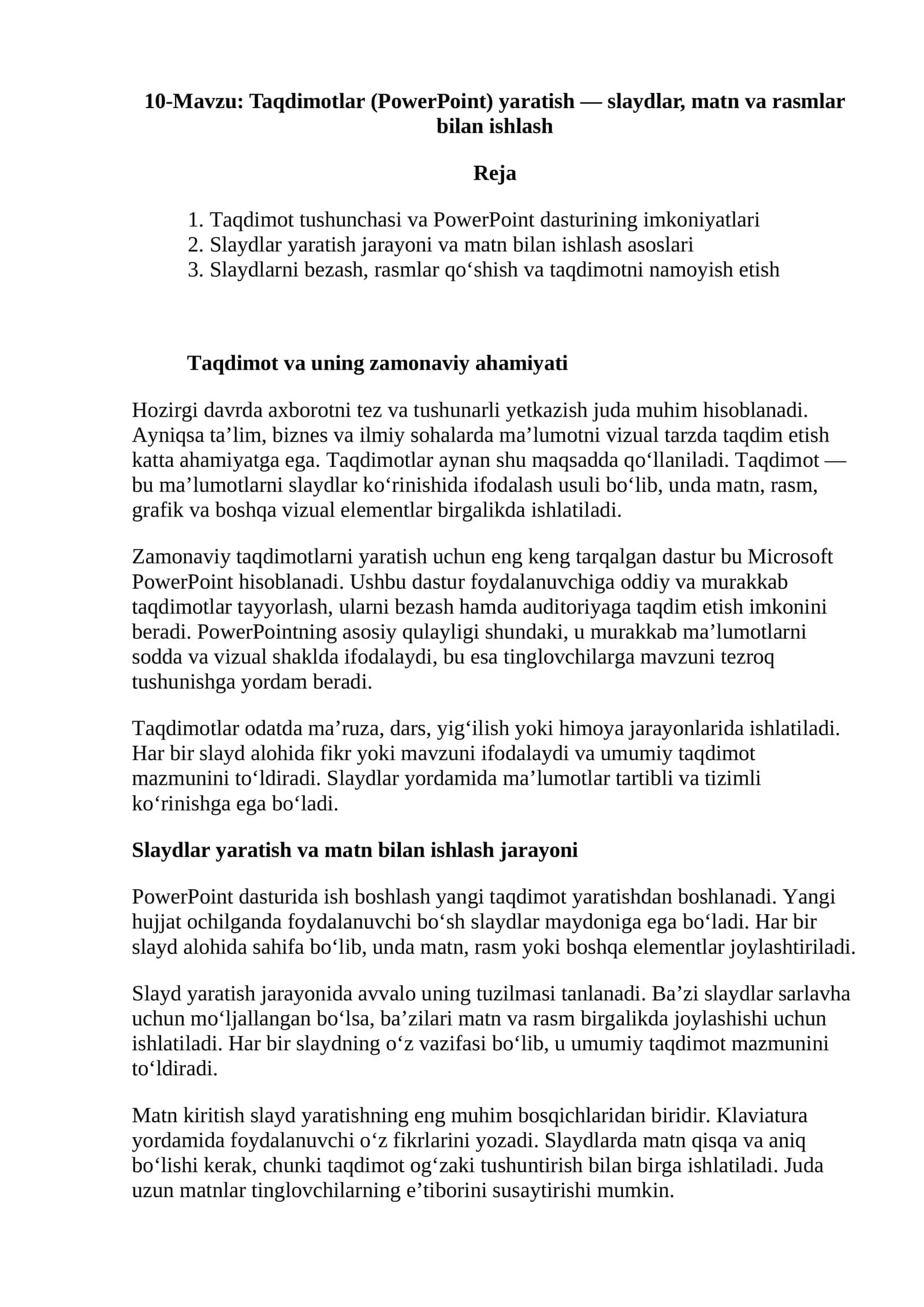 Taqdimotlar (PowerPoint) yaratish — slaydlar, matn va rasmlar bilan ishlash 1