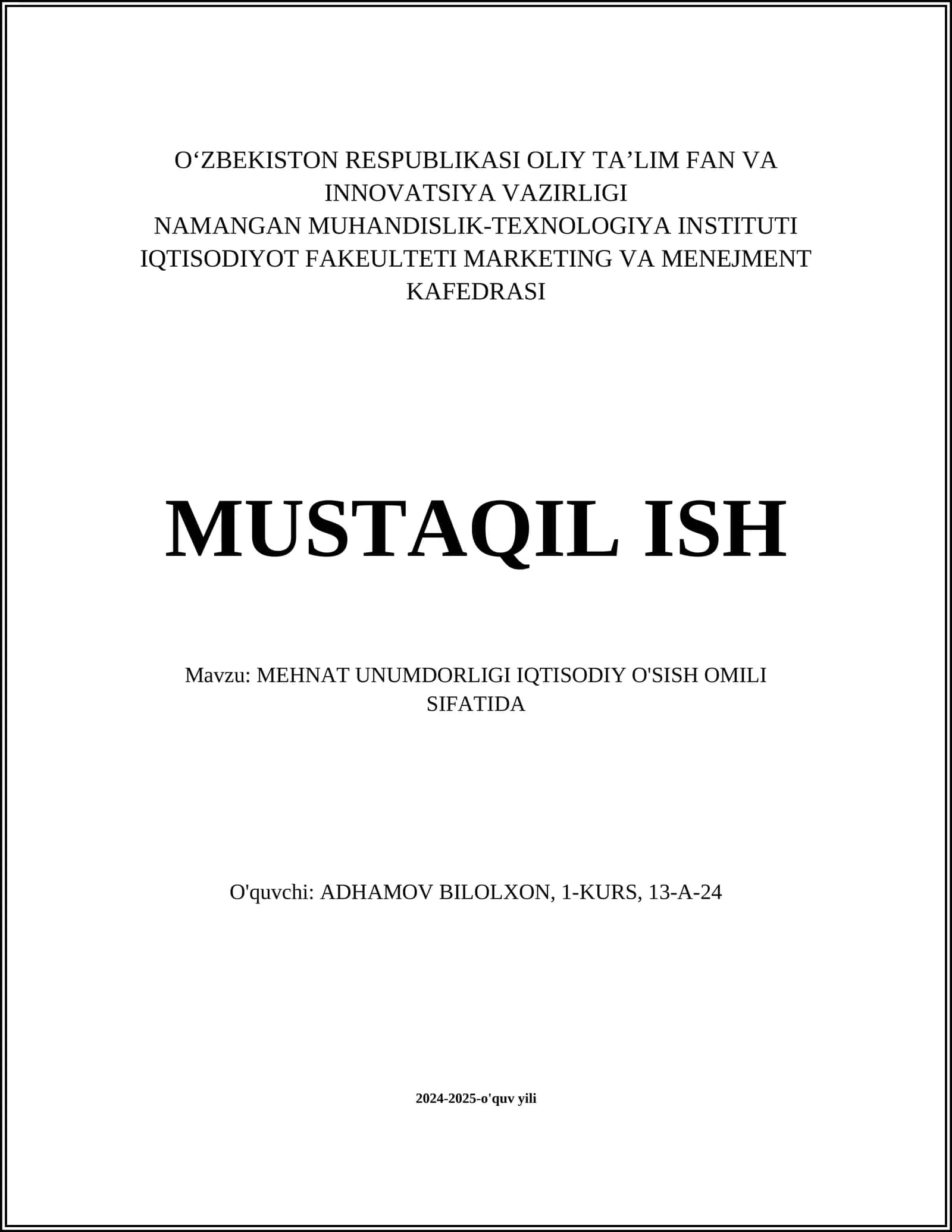 MEHNAT UNUMDORLIGI IQTISODIY O'SISH OMILI SIFATIDA 1