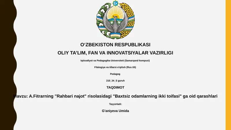 A.Fitrarning "Rahbari najot" risolasidagi "Baxtsiz odamlarning ikki toifasi" ga oid qarashlari 1