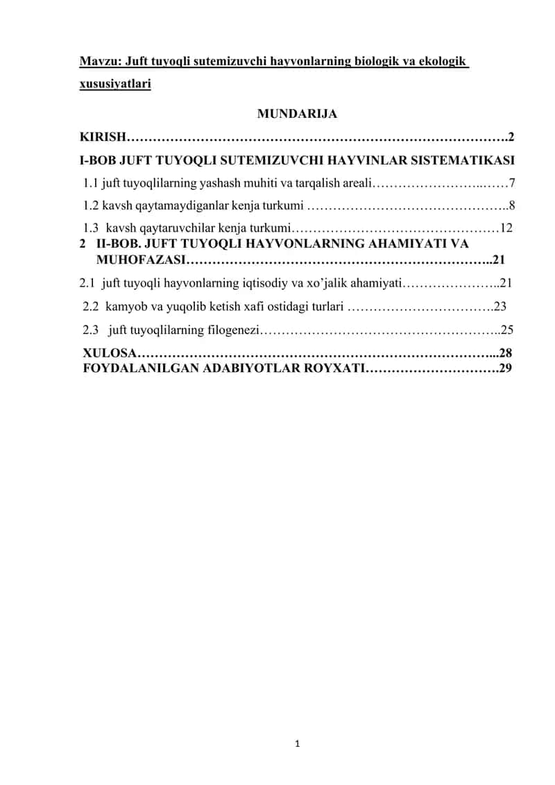 Juft tuyoqli sutemizuvchi hayvonlarning biologik va ekologik xususiyatlari 1