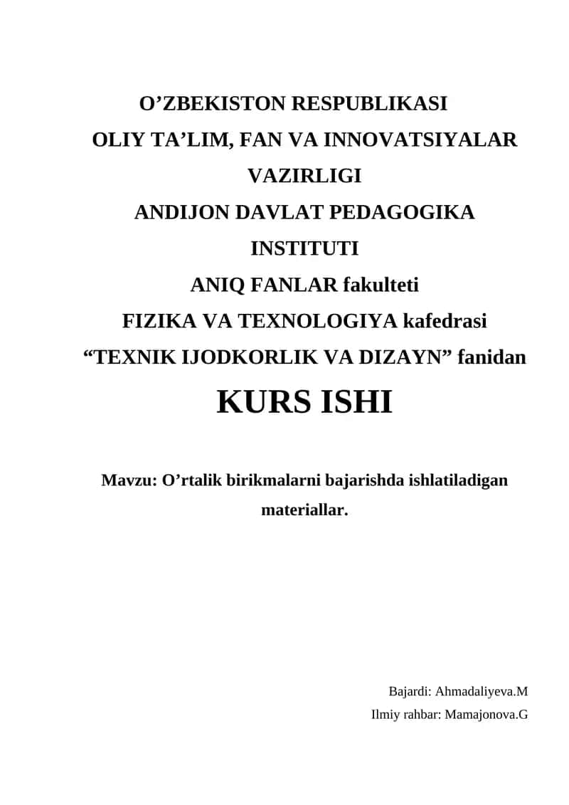 TEXNIK IJODKORLIK VA DIZAYN KURS ISHI 1
