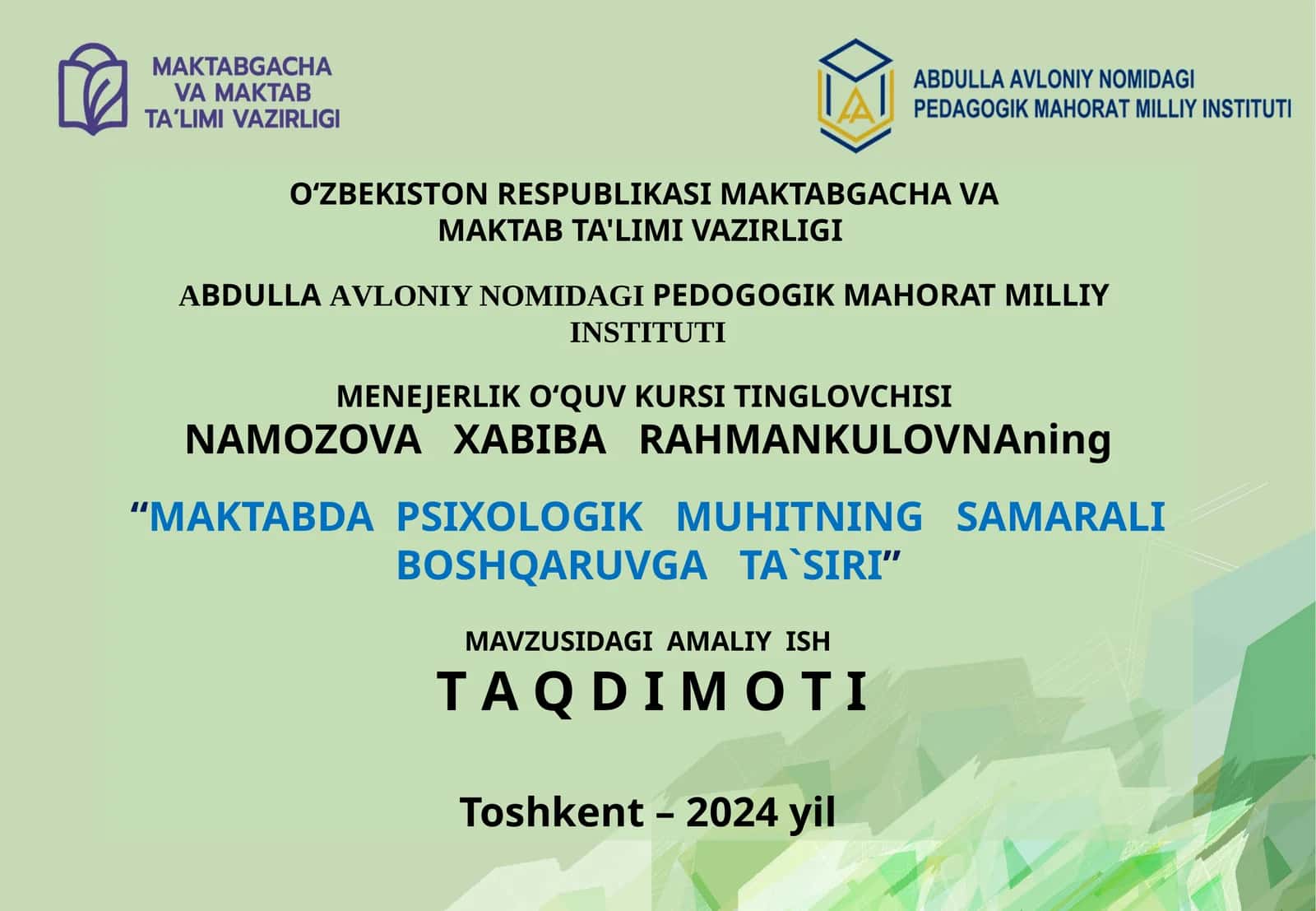 MAKTABDA PSIXOLOGIK MUHITNING SAMARALI BOSHQARUVGA TA`SIRI 1