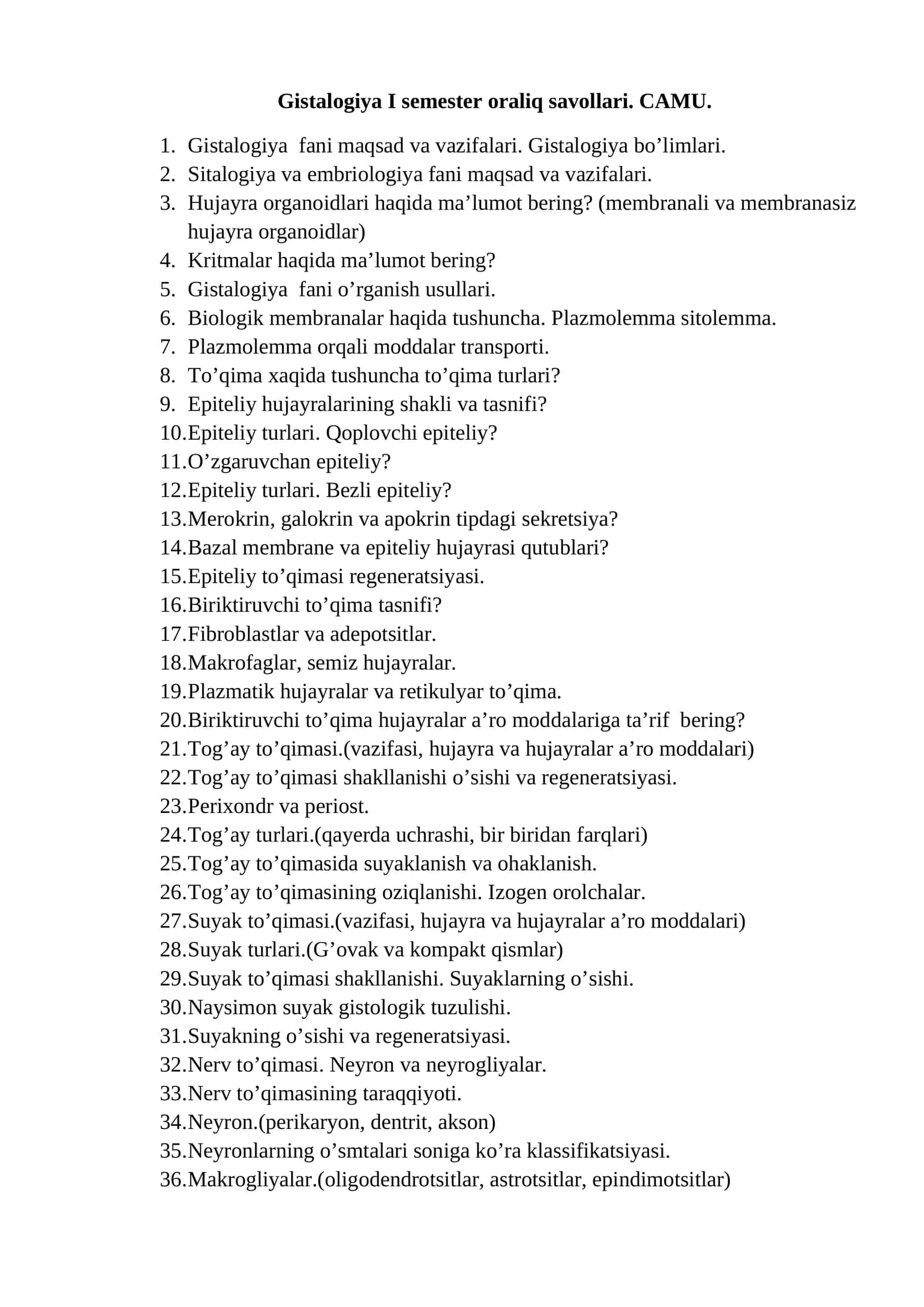 Gistalogiya I semester oraliq savollari. CAMU 1