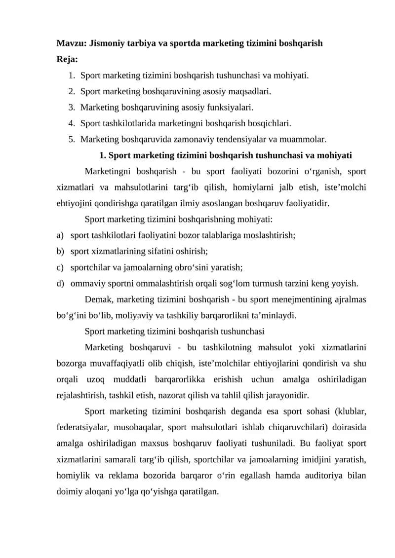 Jismoniy tarbiya va sportda marketing tizimini boshqarish 1