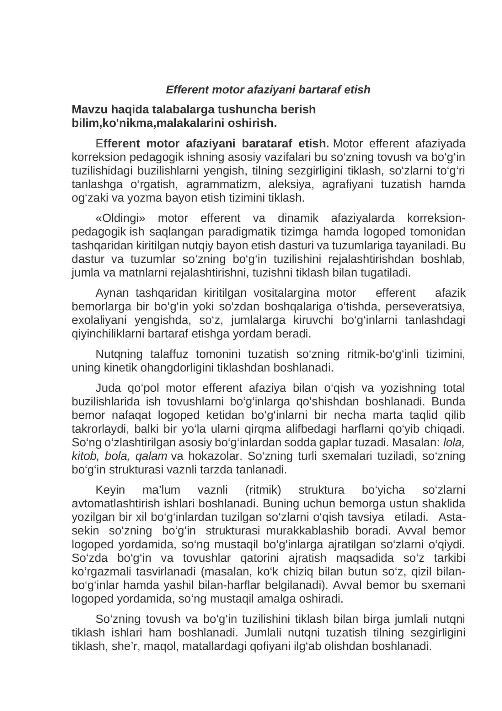 Efferent motor afaziyani bartaraf etish 1