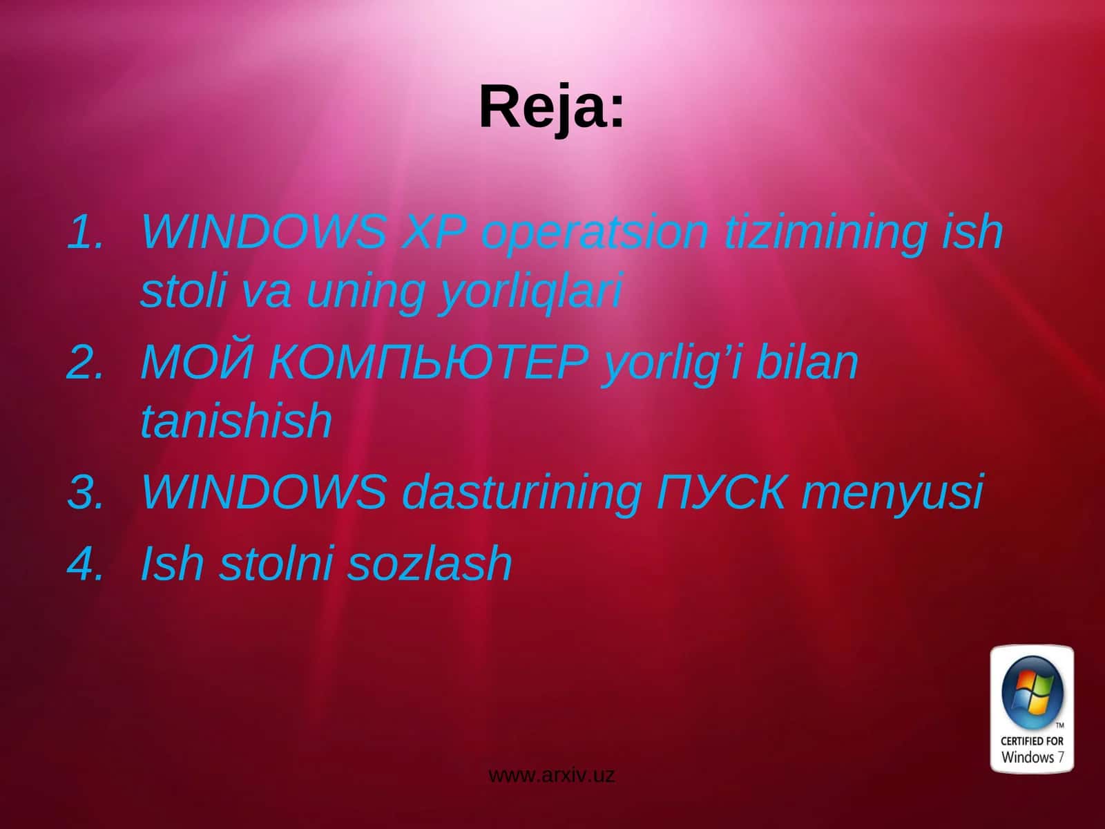 WINDOWS XP operatsion tizimining ish stoli va uning yorliqlari 1
