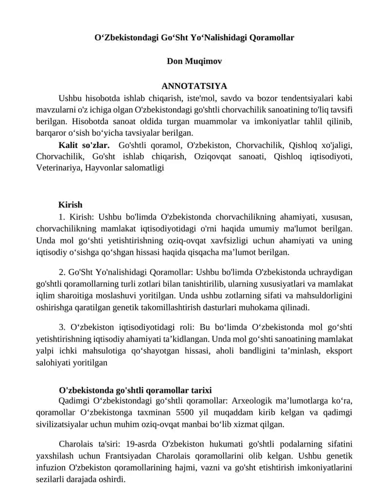 O‘Zbekistondagi Go‘Sht Yo‘Nalishidagi Qoramollar 1