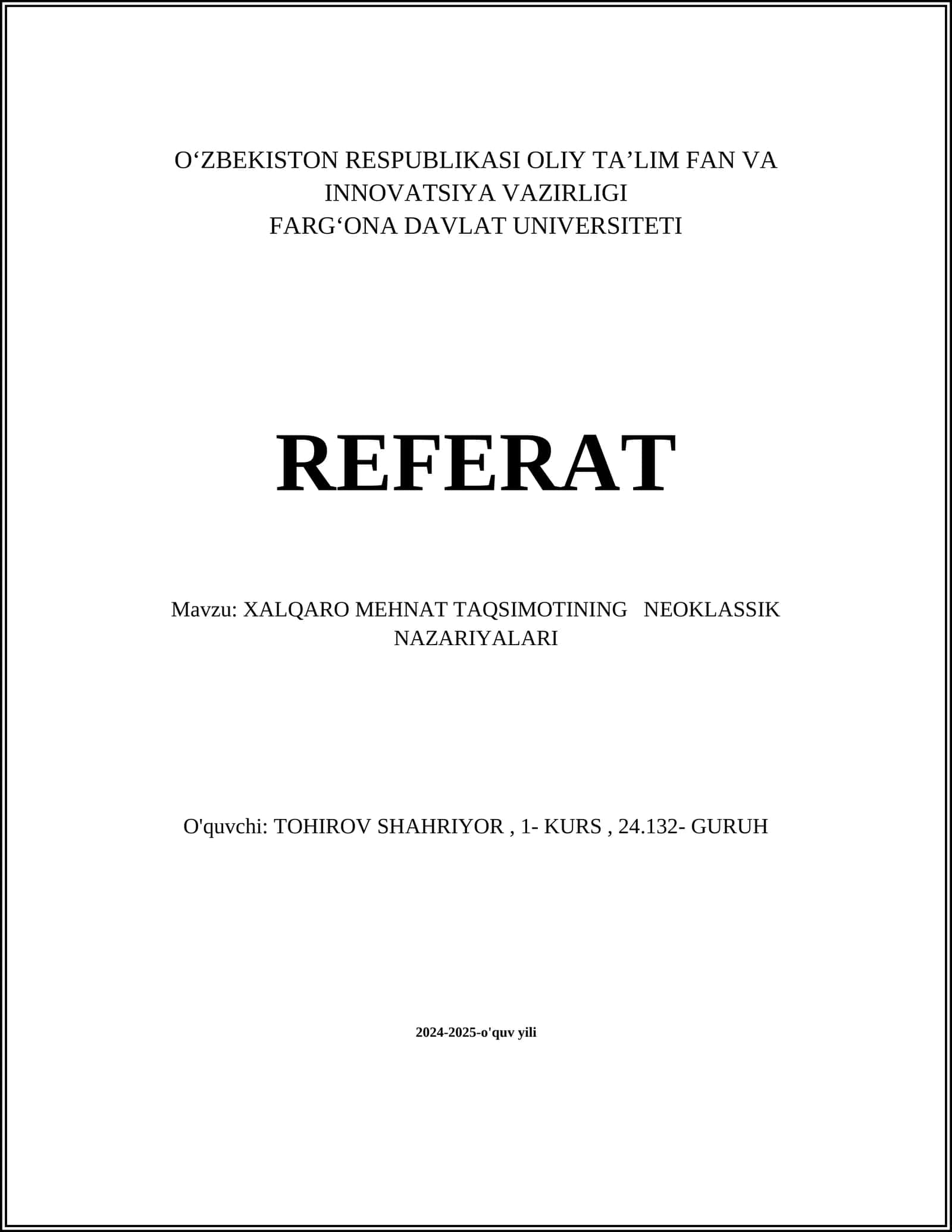 XALQARO MEHNAT TAQSIMOTINING NEOKLASSIK NAZARIYALARI 1